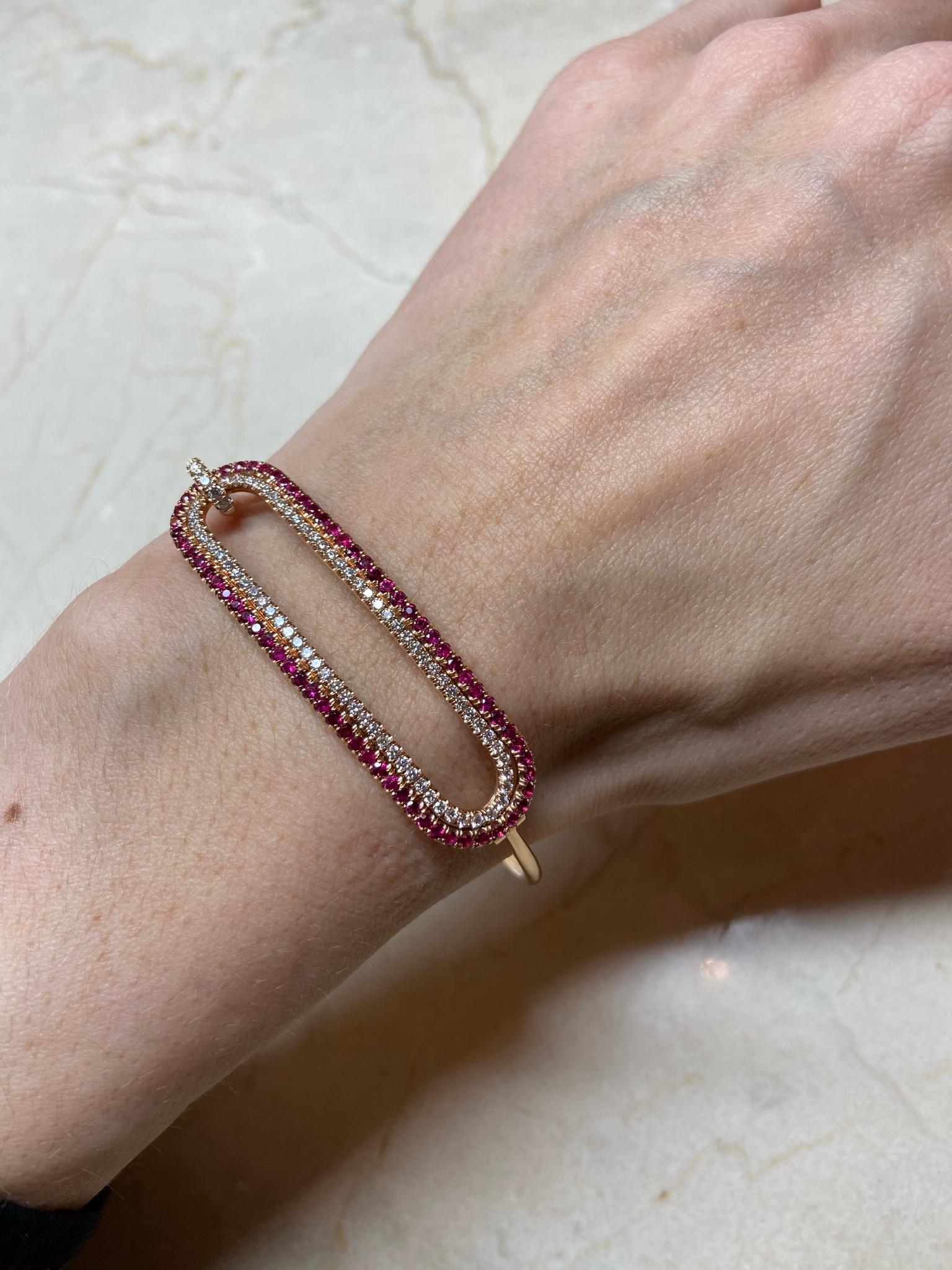 Ruby and Diamond Tension Bracelet in 18 Karat Rose Gold In New Condition In Dallas, TX