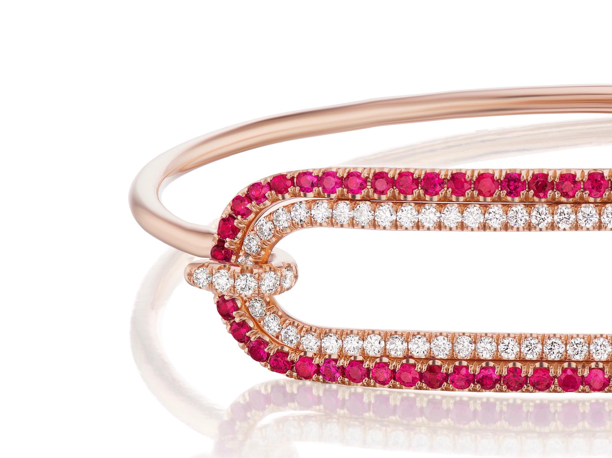 Modern Ruby and Diamond Tension Bracelet in 18 Karat Rose Gold