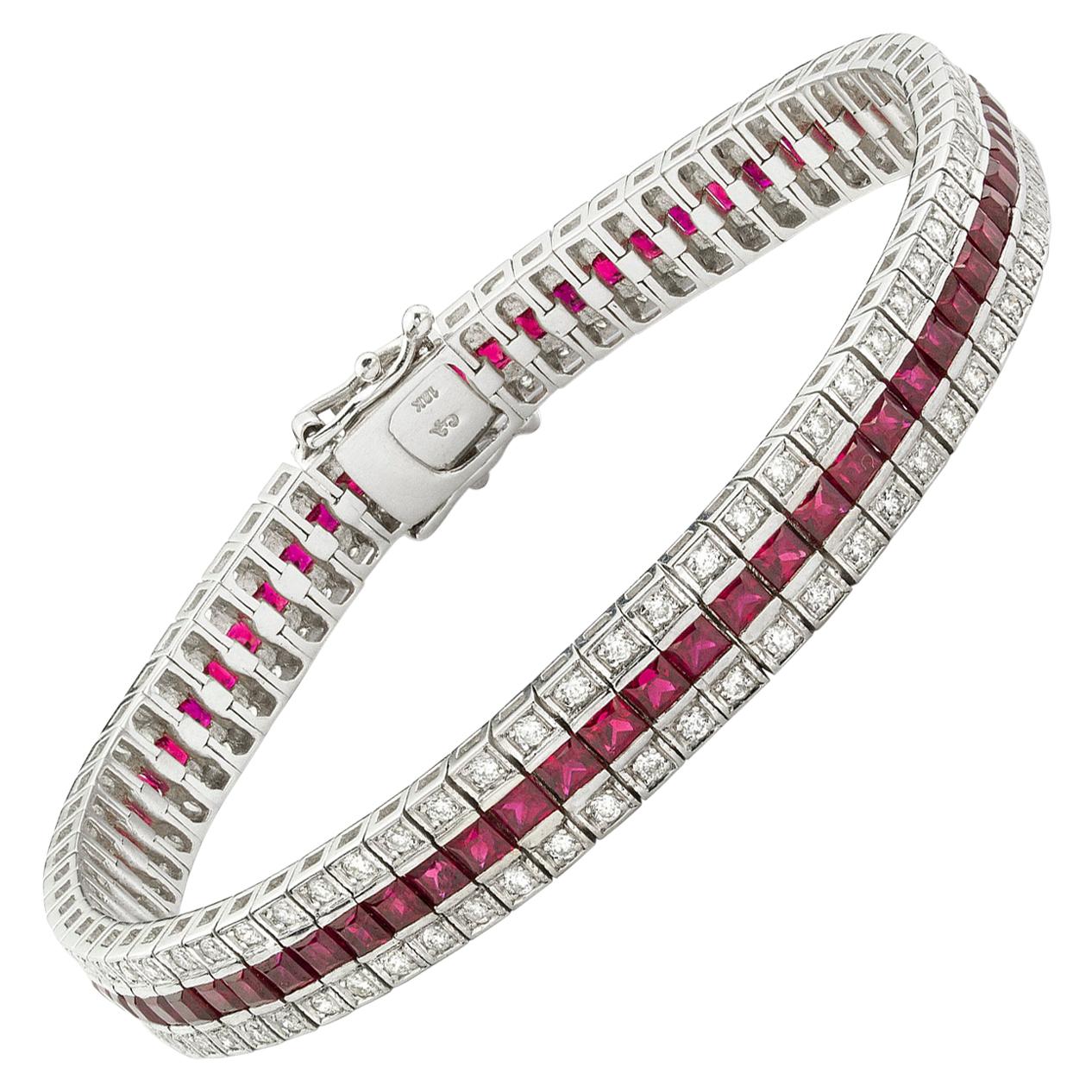 Rubin- und Diamant-Armband mit drei Linien