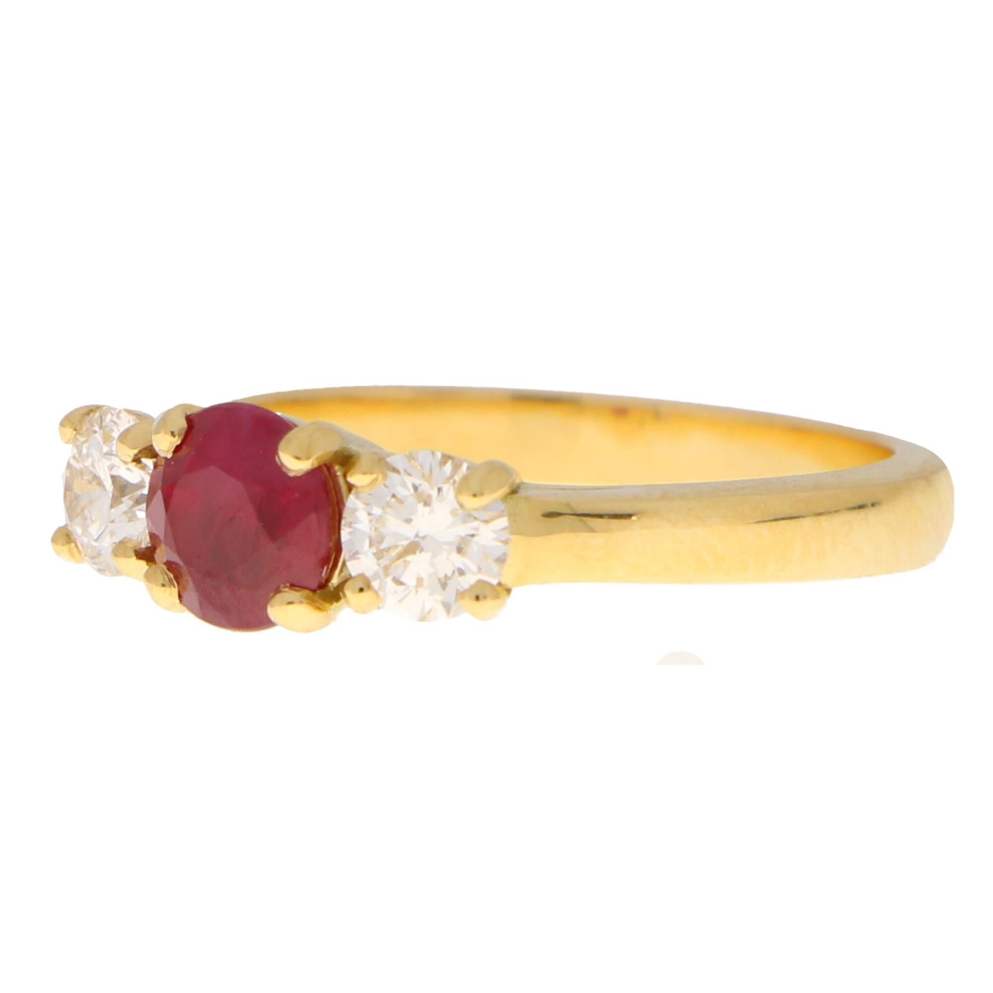 Round Cut Ruby and Diamond Three Stone Engagement Ring Set in 18k Yellow Gold