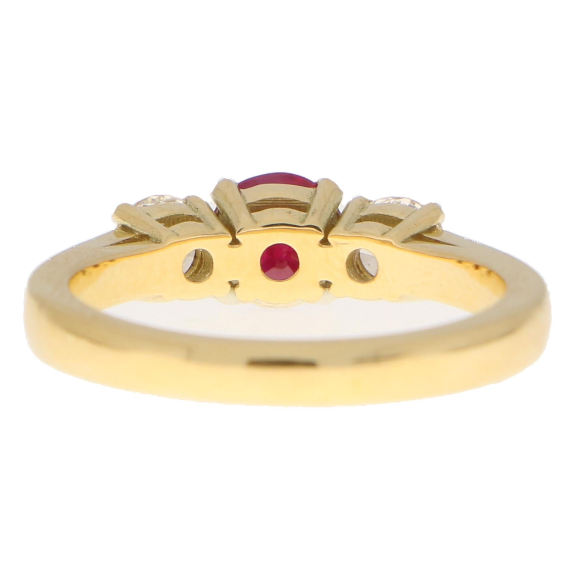 Women's or Men's Ruby and Diamond Three Stone Engagement Ring Set in 18k Yellow Gold