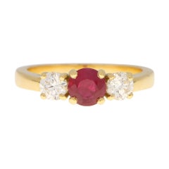 Ruby and Diamond Three Stone Engagement Ring Set in 18k Yellow Gold