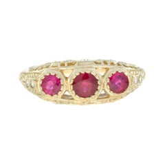 Ruby and Diamond Three Stone Filigree Ring in 14K Yellow Gold