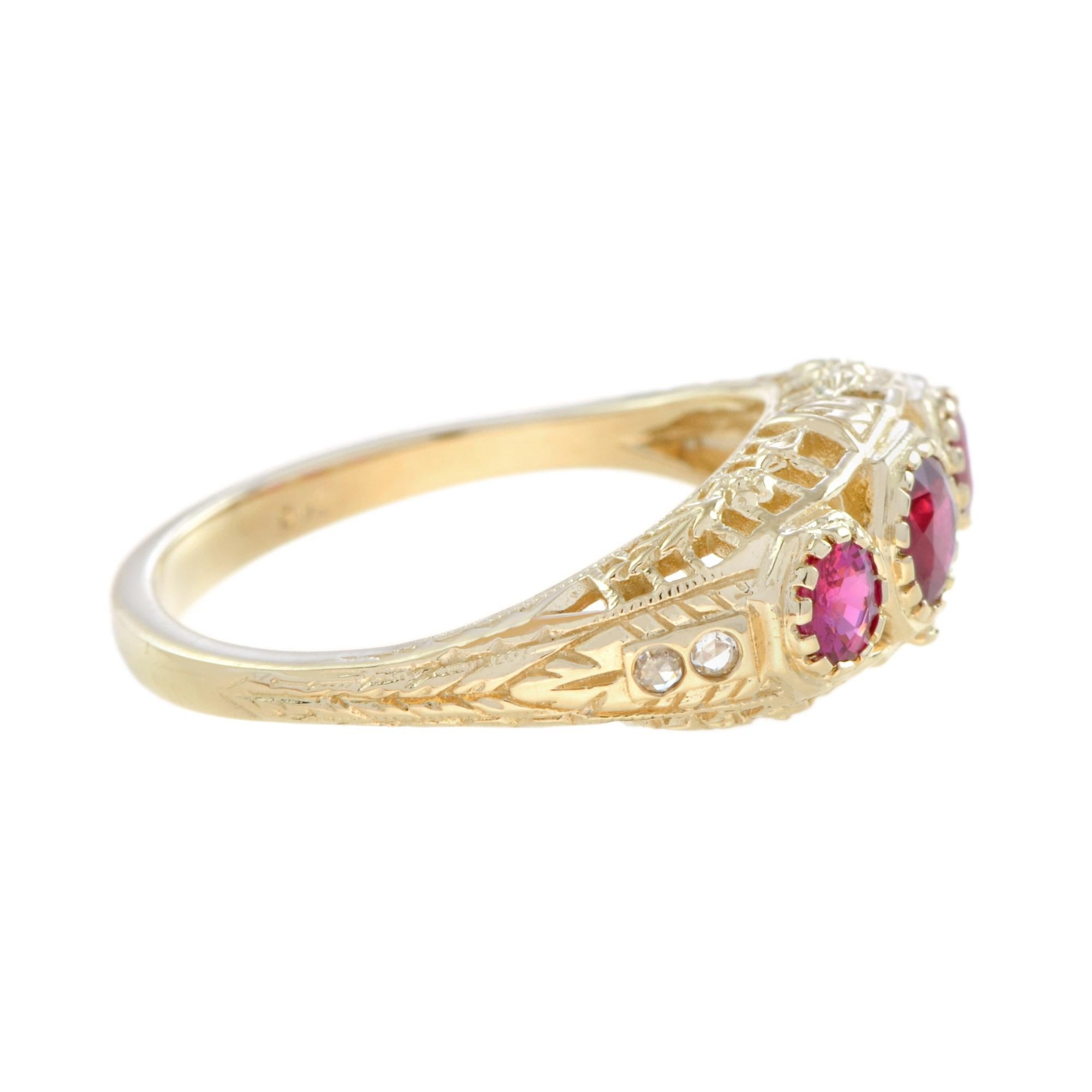 Edwardian Ruby and Diamond Three Stone Filigree Ring in 14K Yellow Gold
