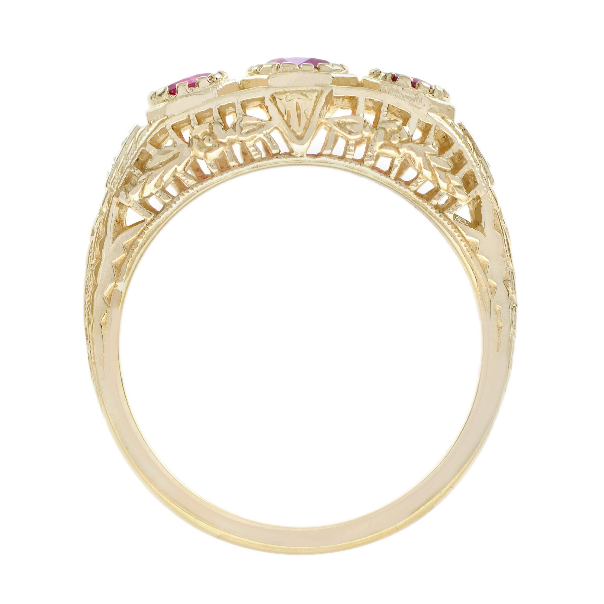 Ruby and Diamond Three Stone Filigree Ring in 14K Yellow Gold In New Condition In Bangkok, TH