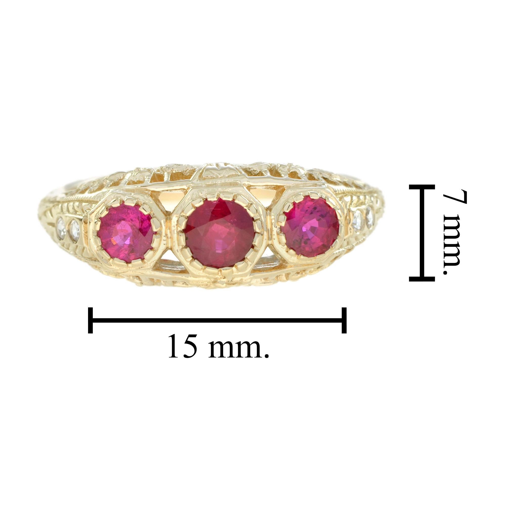 Women's Ruby and Diamond Three Stone Filigree Ring in 14K Yellow Gold