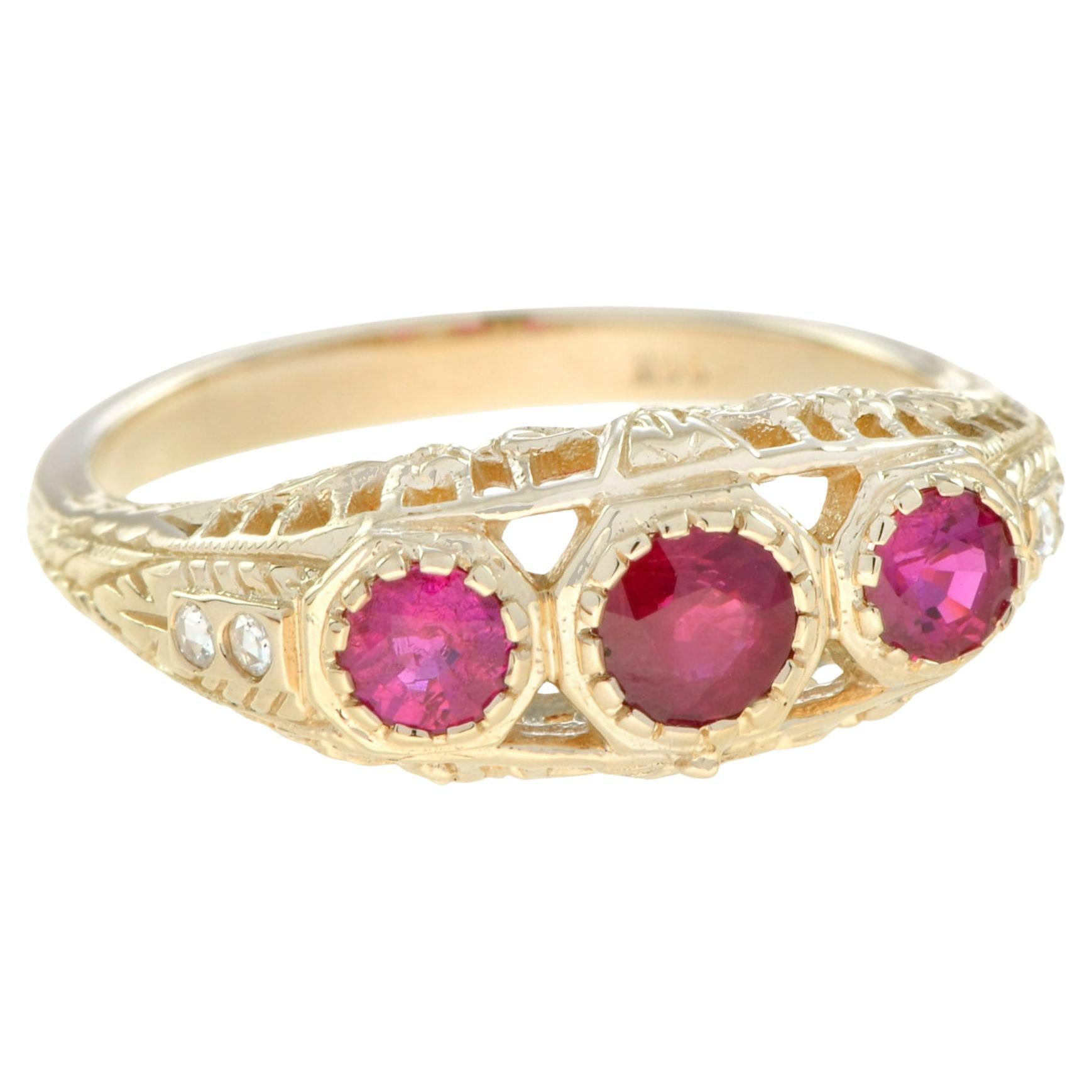 Ruby and Diamond Three Stone Filigree Ring in 14K Yellow Gold