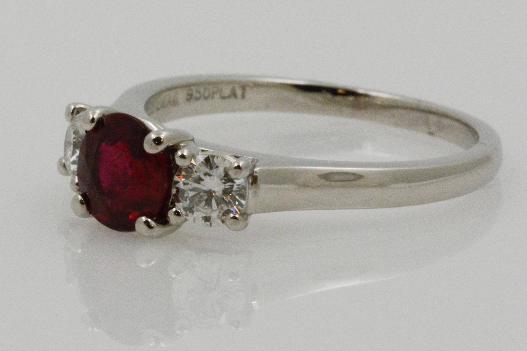 Modern Ruby and Diamond Three-Stone Platinum Ring