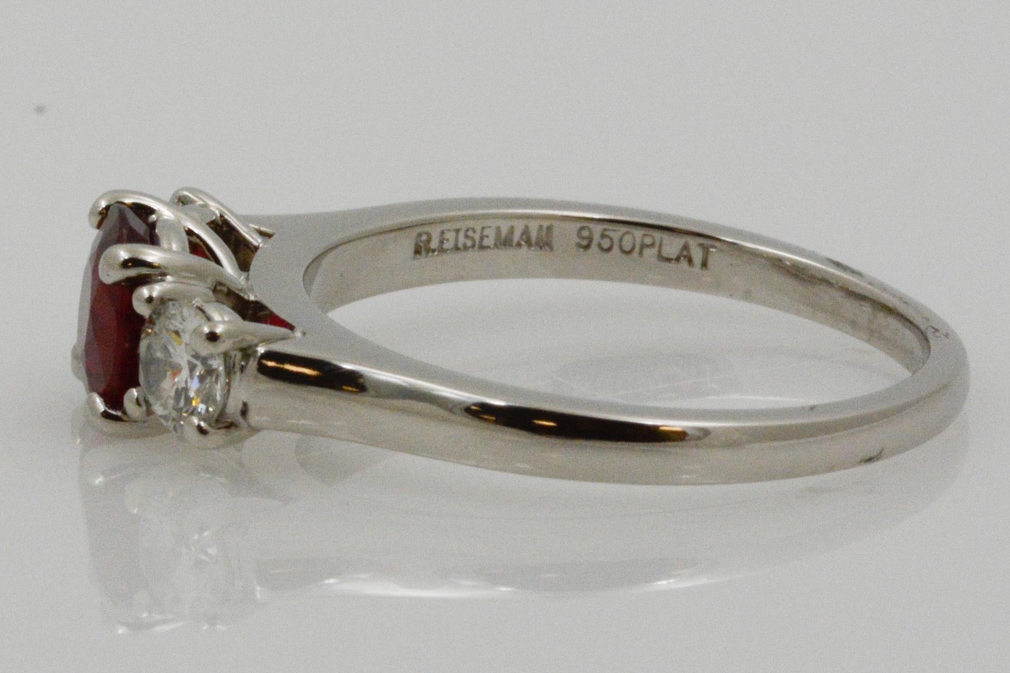 Round Cut Ruby and Diamond Three-Stone Platinum Ring