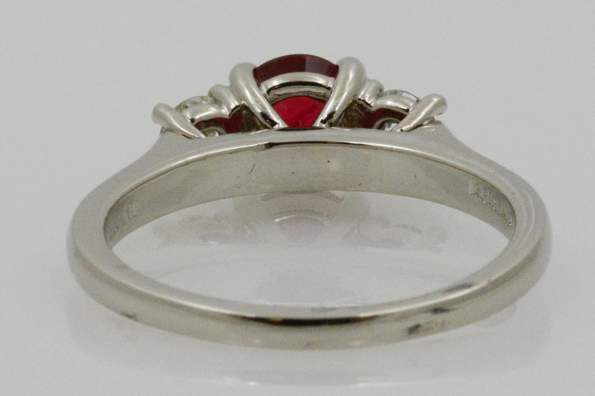 Ruby and Diamond Three-Stone Platinum Ring In Good Condition In Dallas, TX