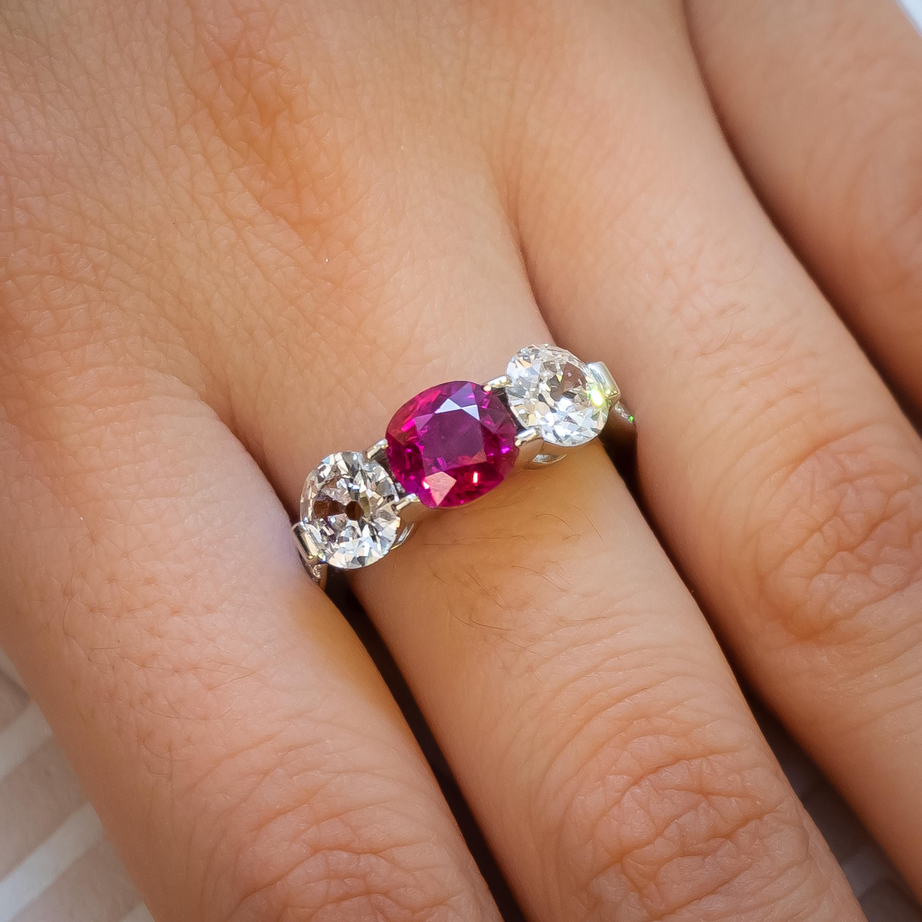 Modern Ruby and Diamond Three-Stone Ring