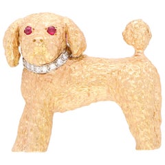 Ruby and Diamond Toy Poodle Dog Pin Brooch Set in 18 Karat Rose Gold