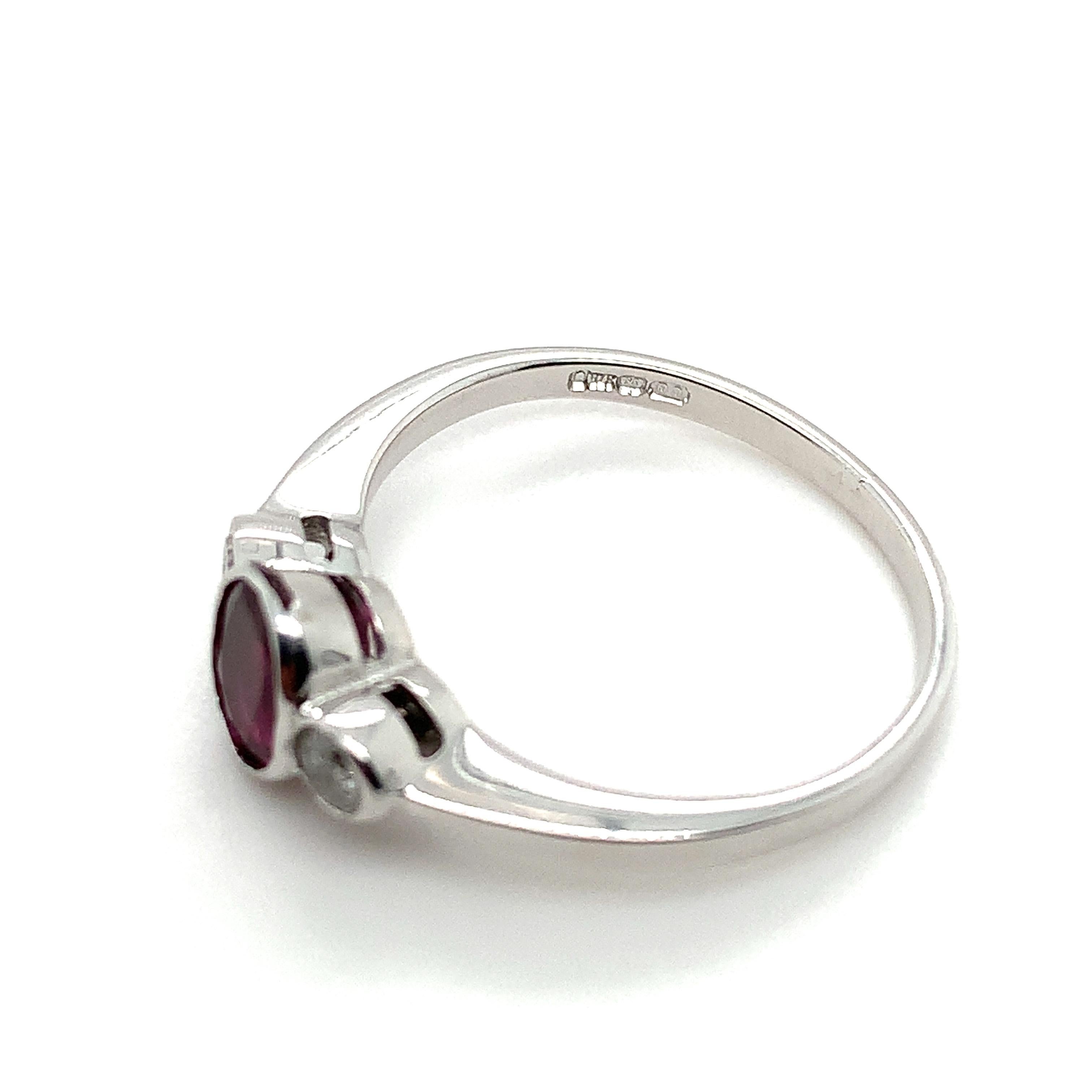 Oval Cut Ruby and diamond trilogy engagement ring antique style white gold For Sale