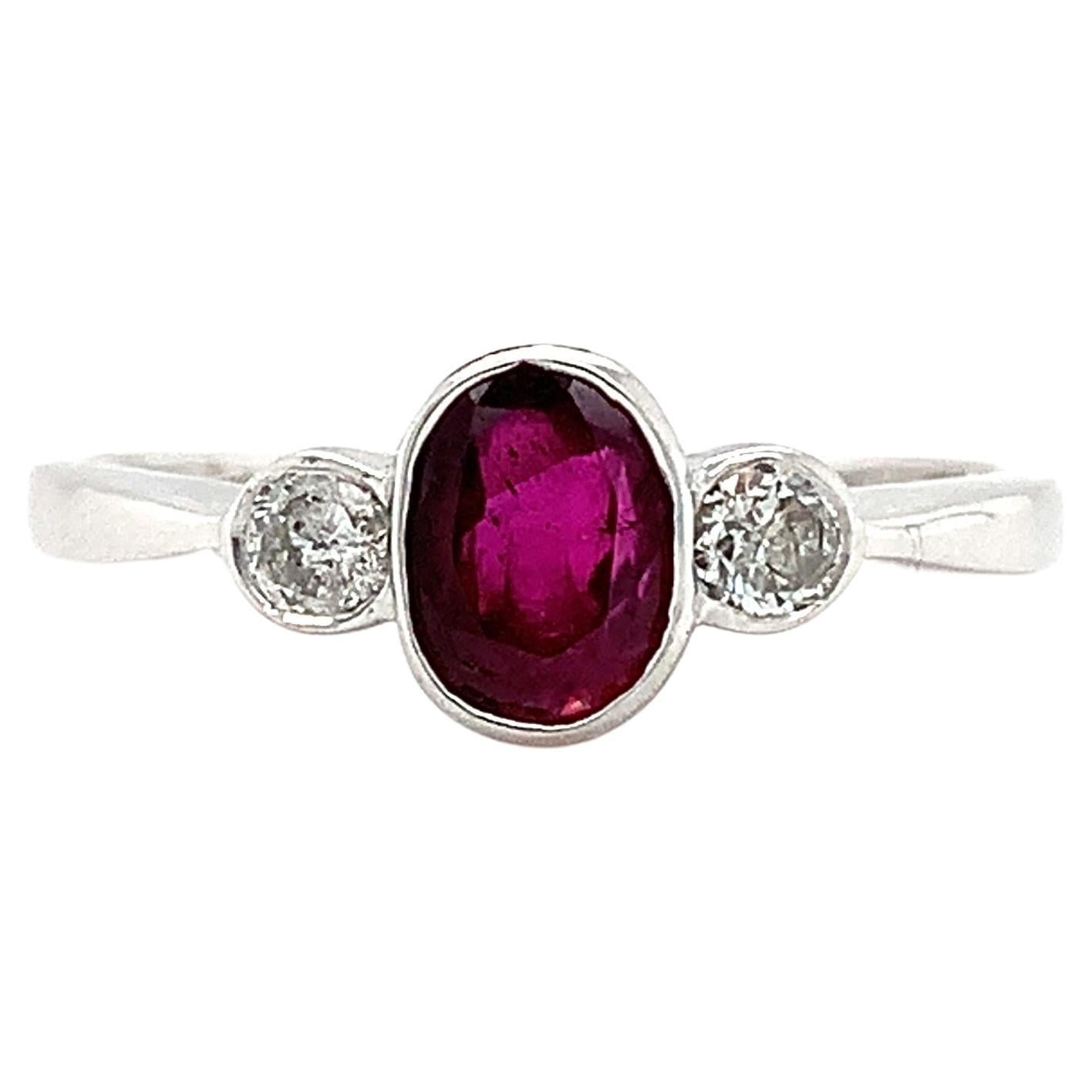 Ruby and diamond trilogy engagement ring antique style white gold For Sale