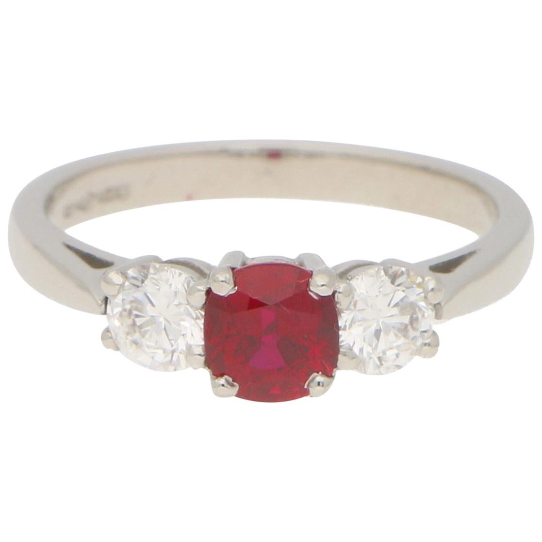 Ruby and Diamond Trilogy Engagement Ring Set in 18 Karat White Gold For Sale