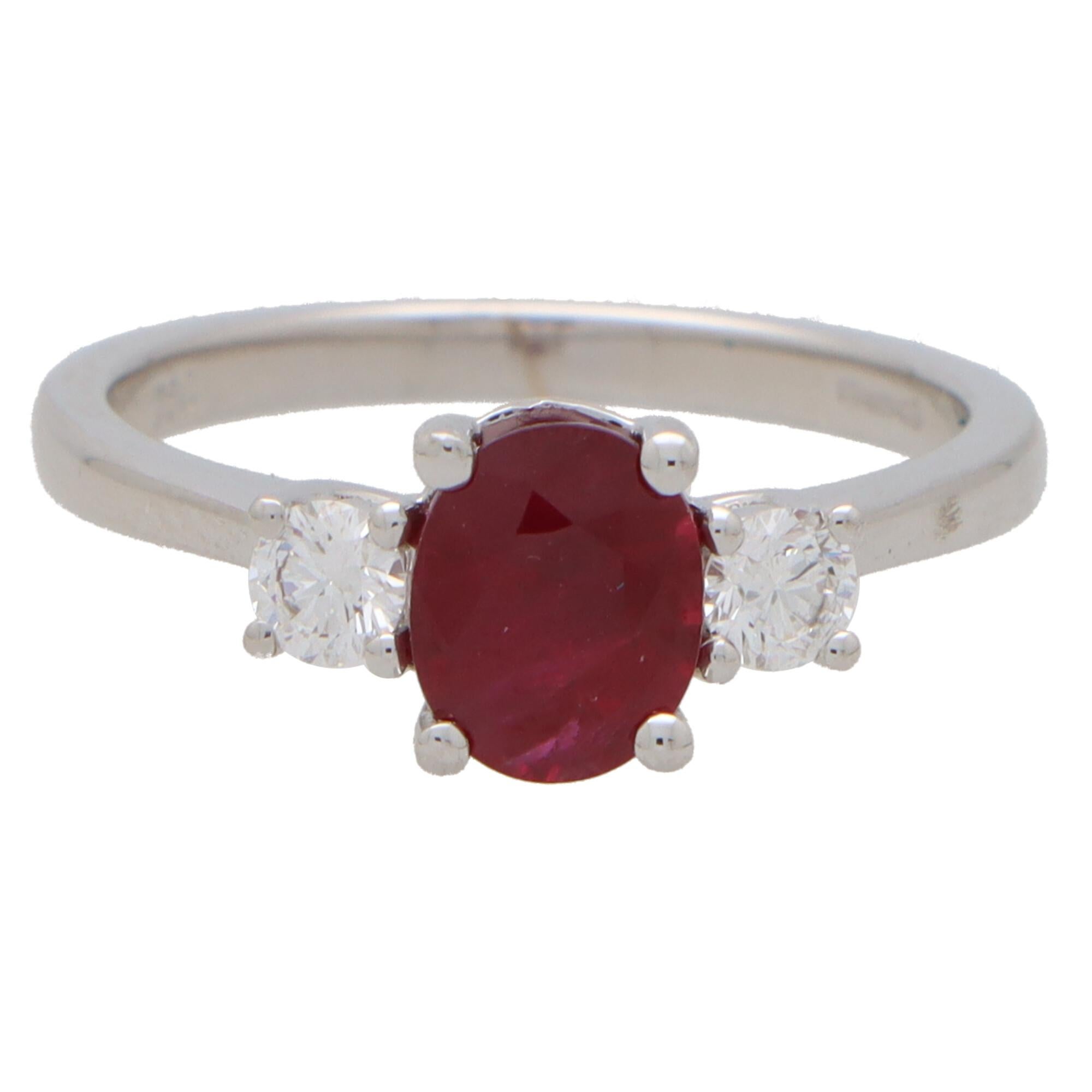 Modern Ruby and Diamond Trilogy Ring in 18k White Gold For Sale