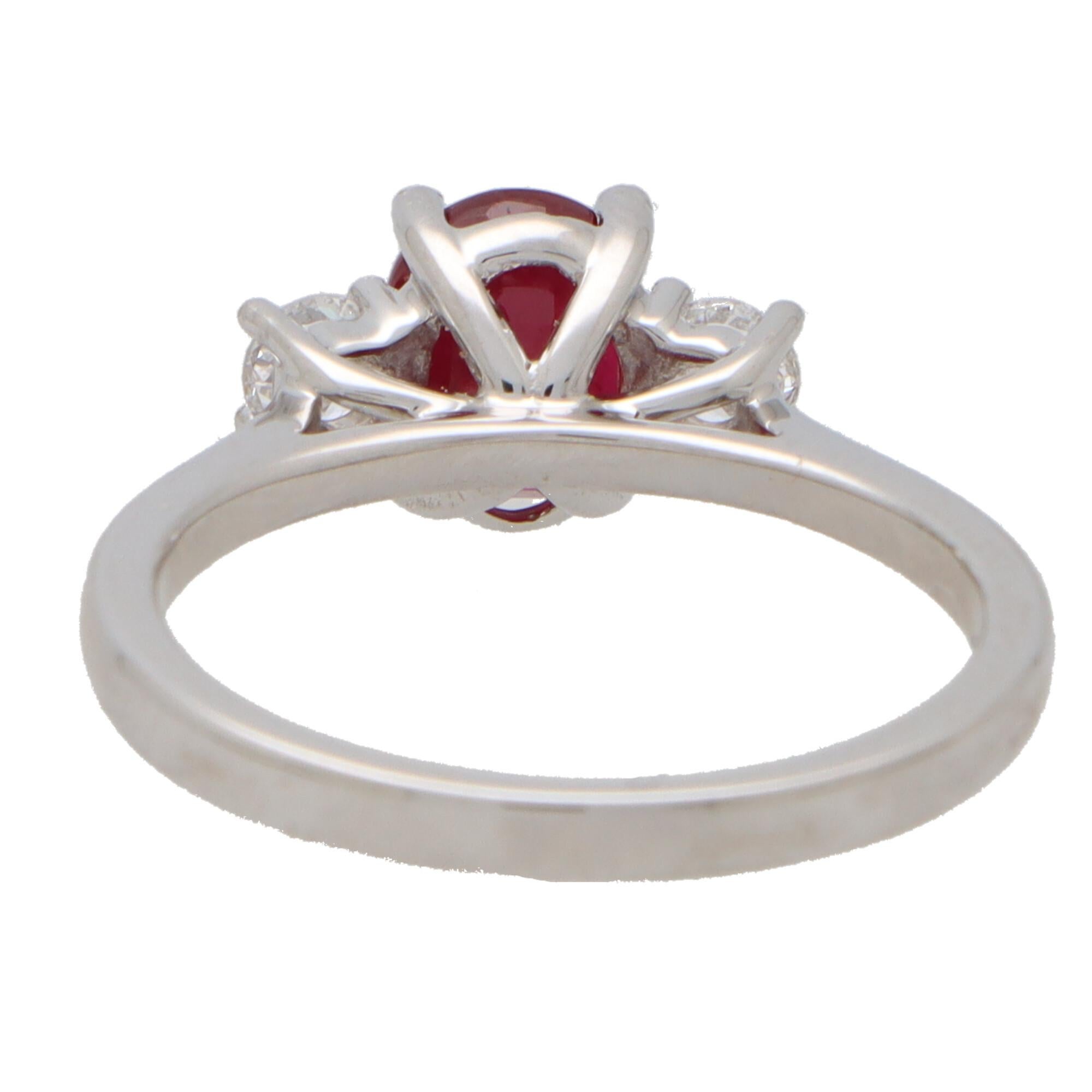 Oval Cut Ruby and Diamond Trilogy Ring in 18k White Gold For Sale