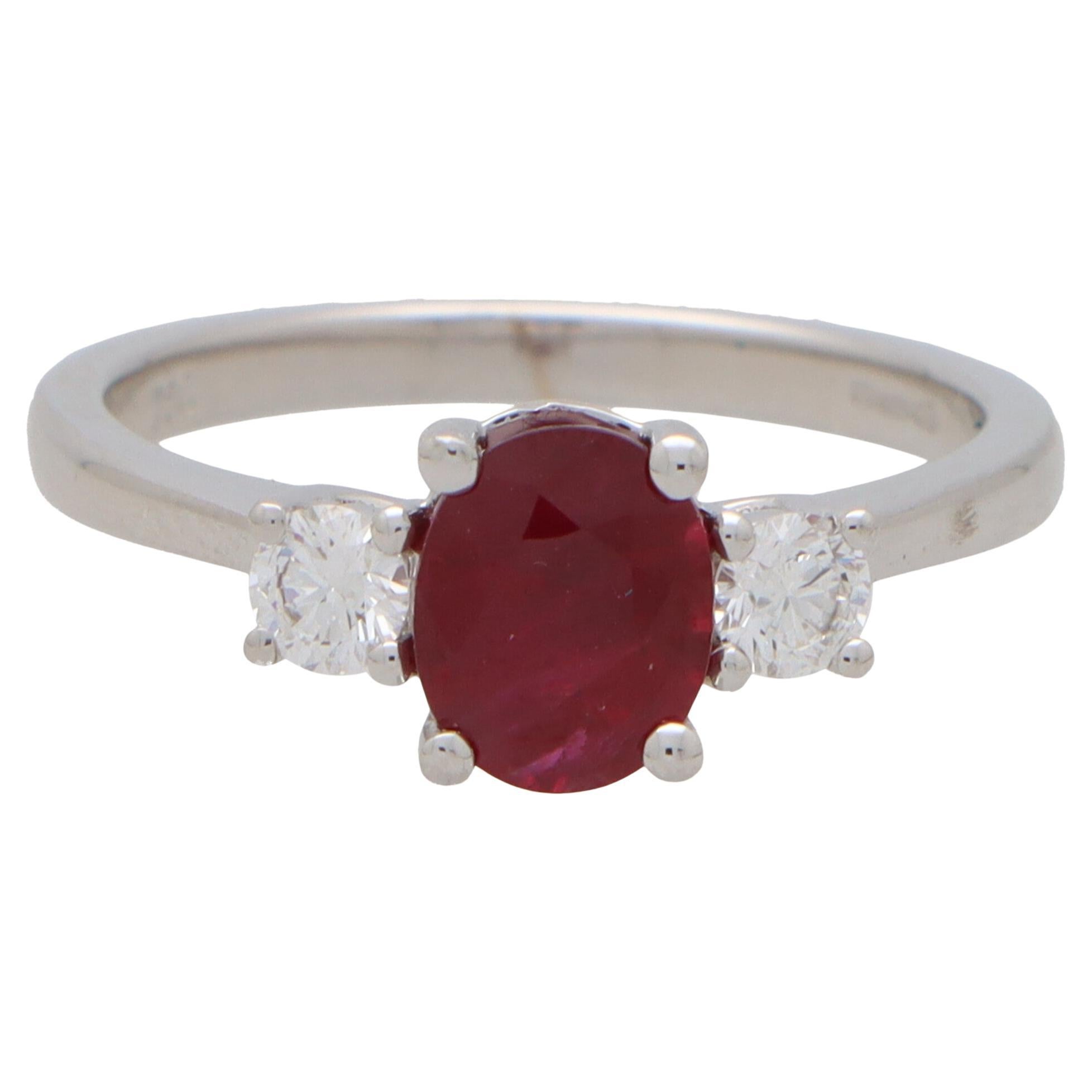 Ruby and Diamond Trilogy Ring in 18k White Gold For Sale