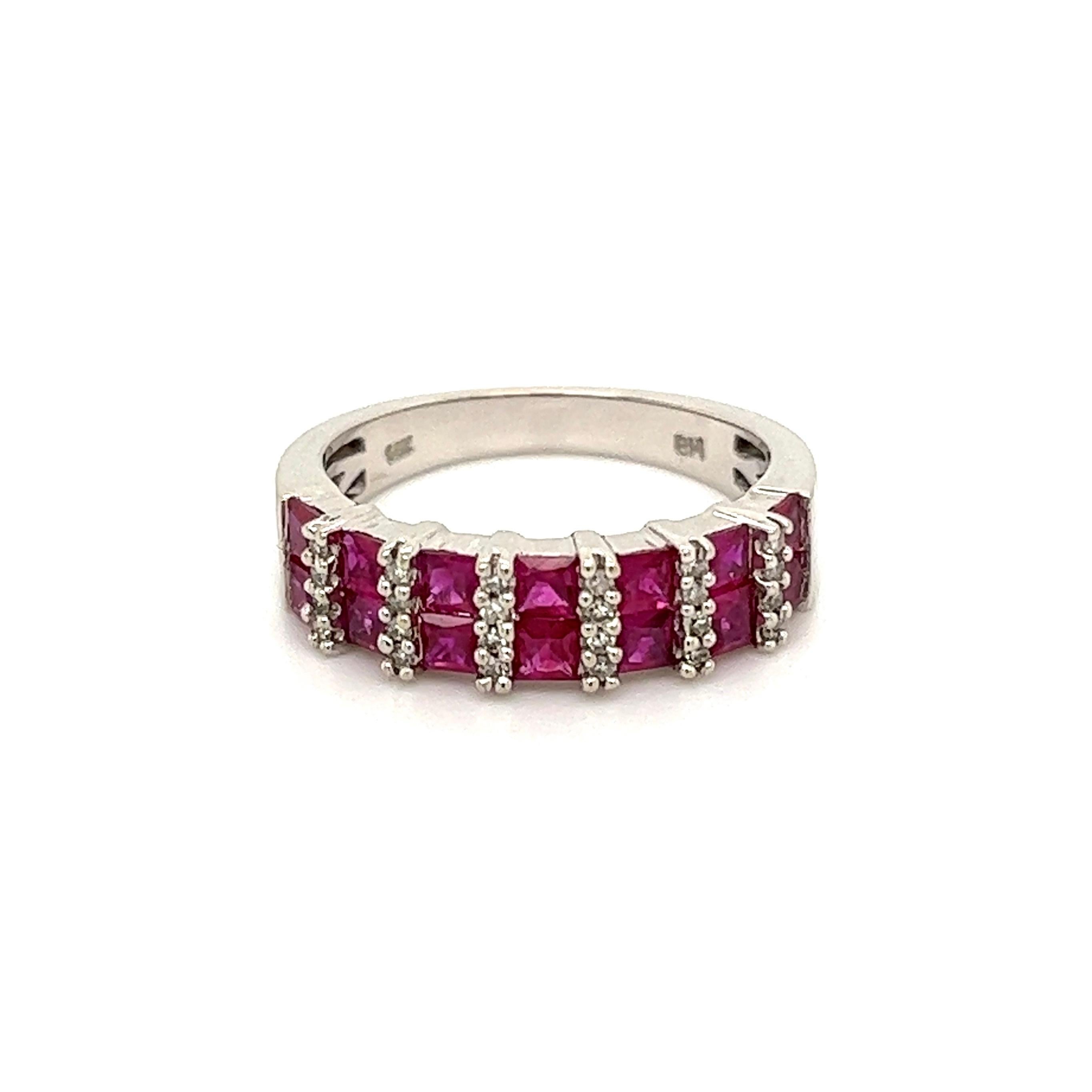 Simply Beautiful! Finely Detailed Double Row Ruby and Diamond Art Deco Revival Half Eternity Gold Band Ring. Hand set with Round Rubies, weighing approx. 1.40tcw, inter-spaced with Diamonds, approx. 0.12tcw. Hand crafted 14K White Gold mounting. The