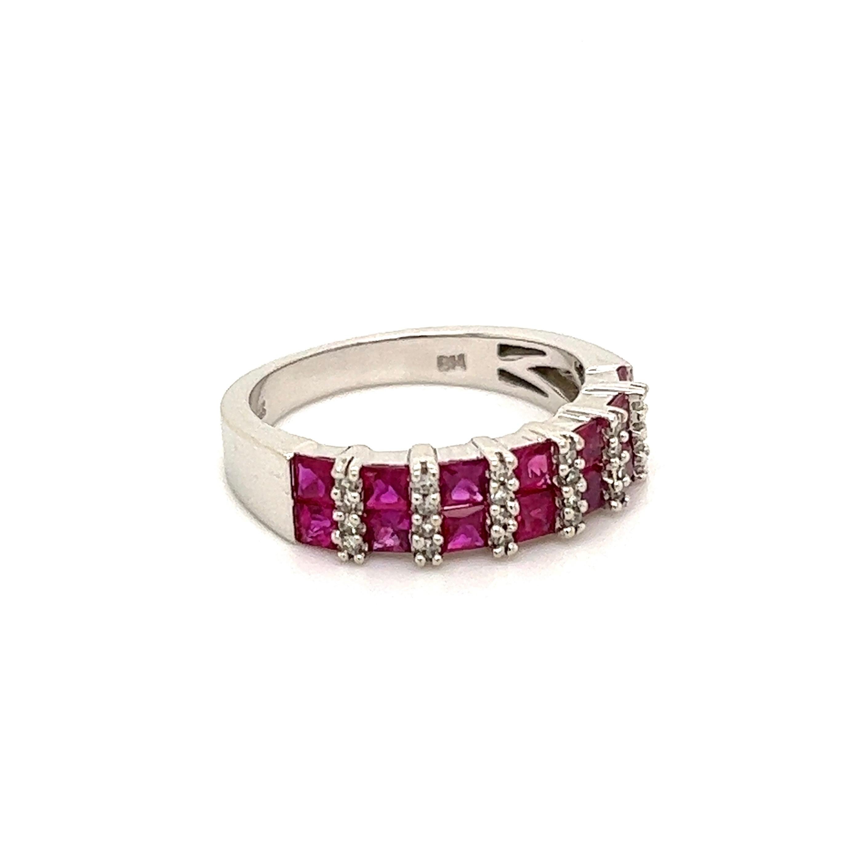 Round Cut Ruby and Diamond Two-Row Half Eternity Gold Band Ring For Sale