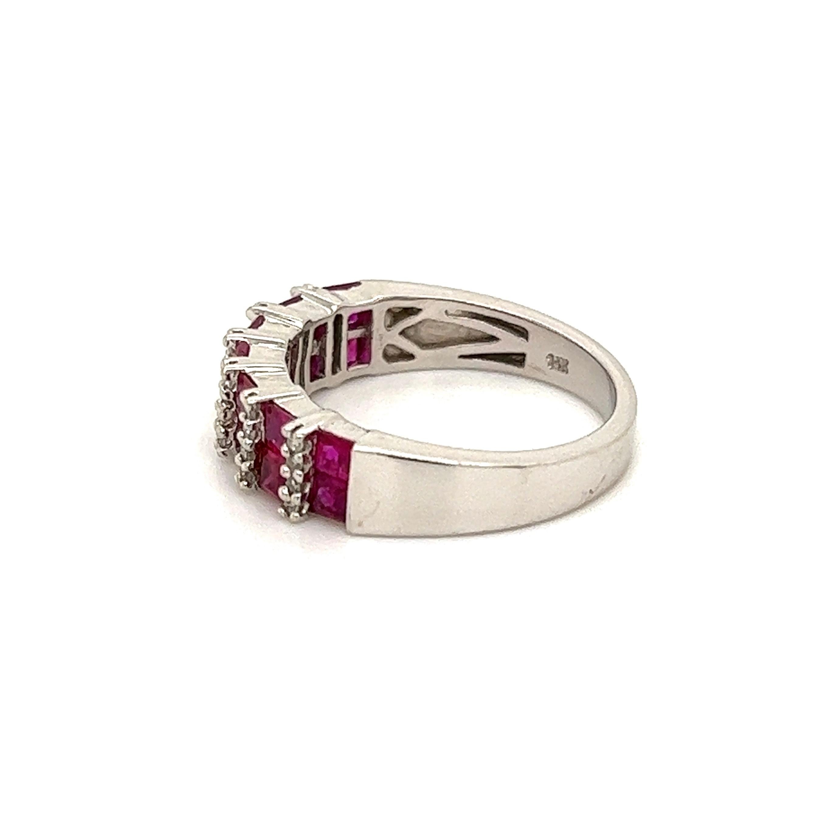 Women's Ruby and Diamond Two-Row Half Eternity Gold Band Ring For Sale
