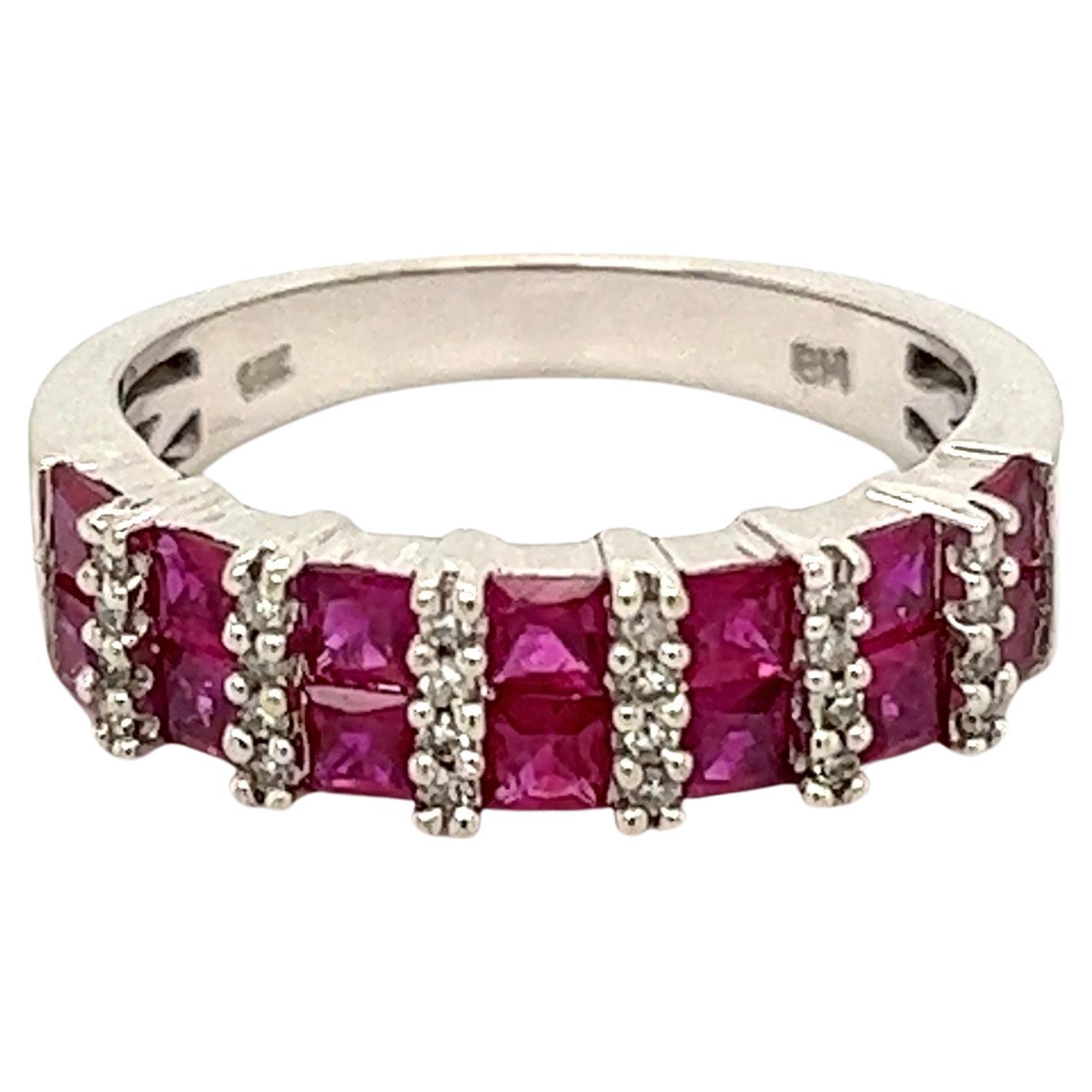 Ruby and Diamond Two-Row Half Eternity Gold Band Ring For Sale