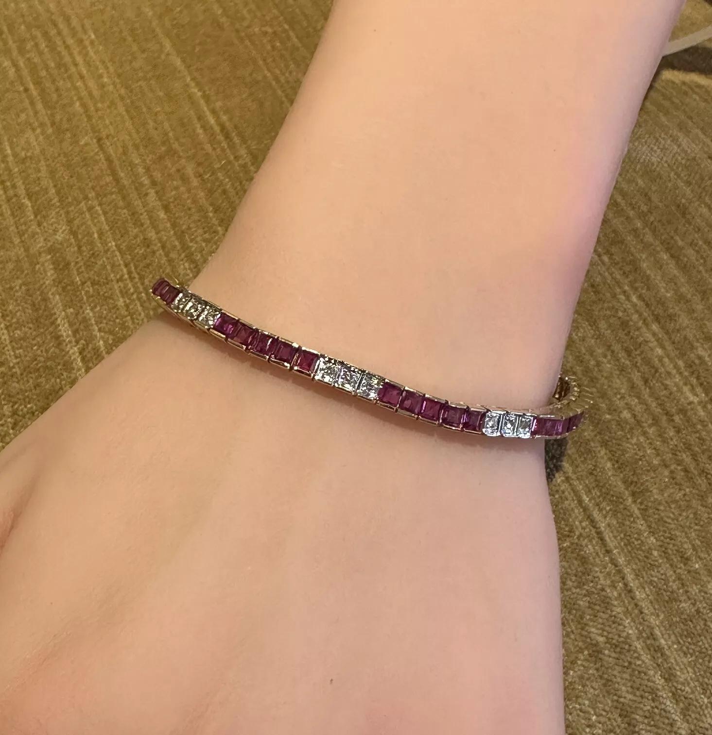 Square Cut Ruby and Diamond Vintage Line Tennis Bracelet in 18k Yellow Gold and White Gold For Sale