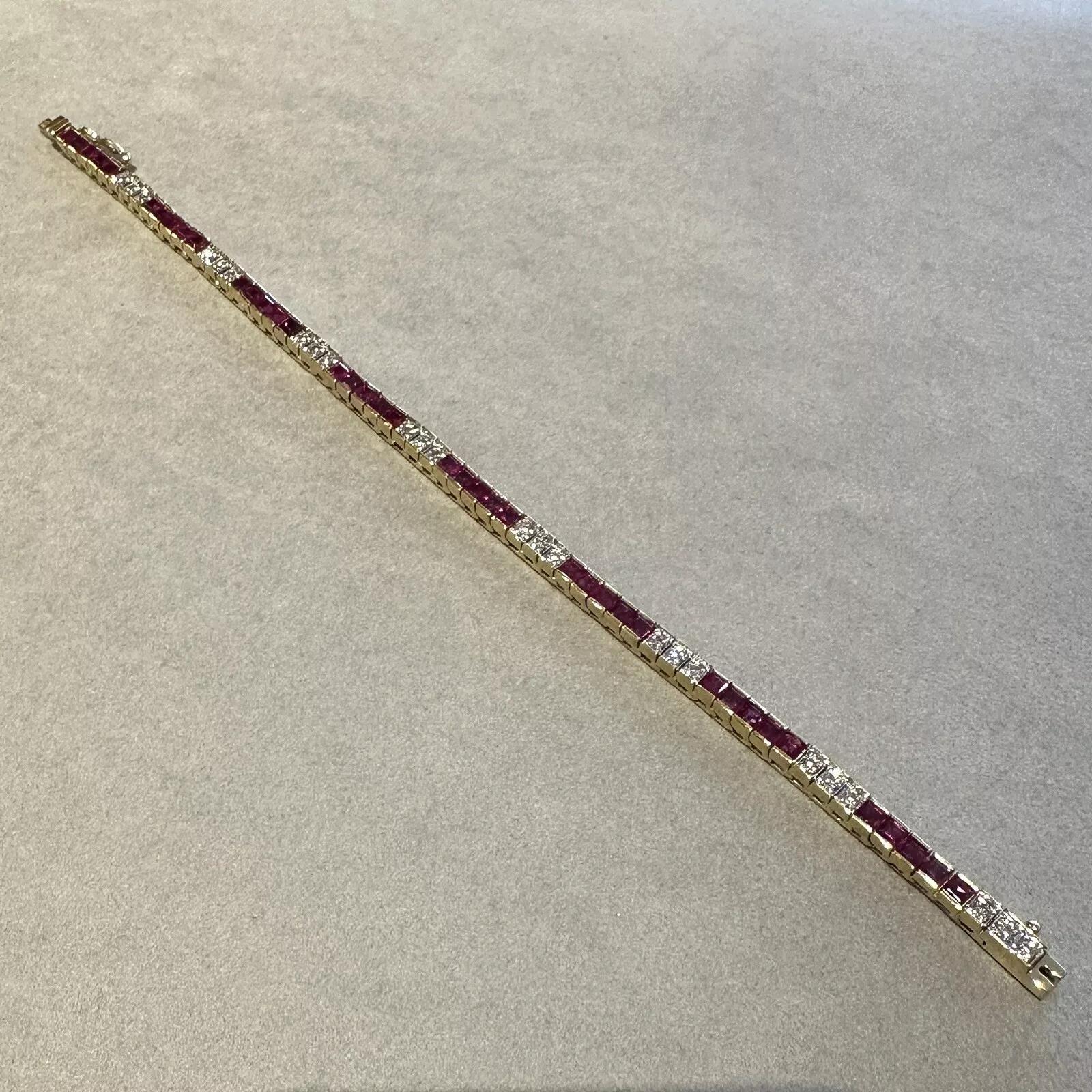Ruby and Diamond Vintage Line Tennis Bracelet in 18k Yellow Gold and White Gold In Excellent Condition For Sale In La Jolla, CA
