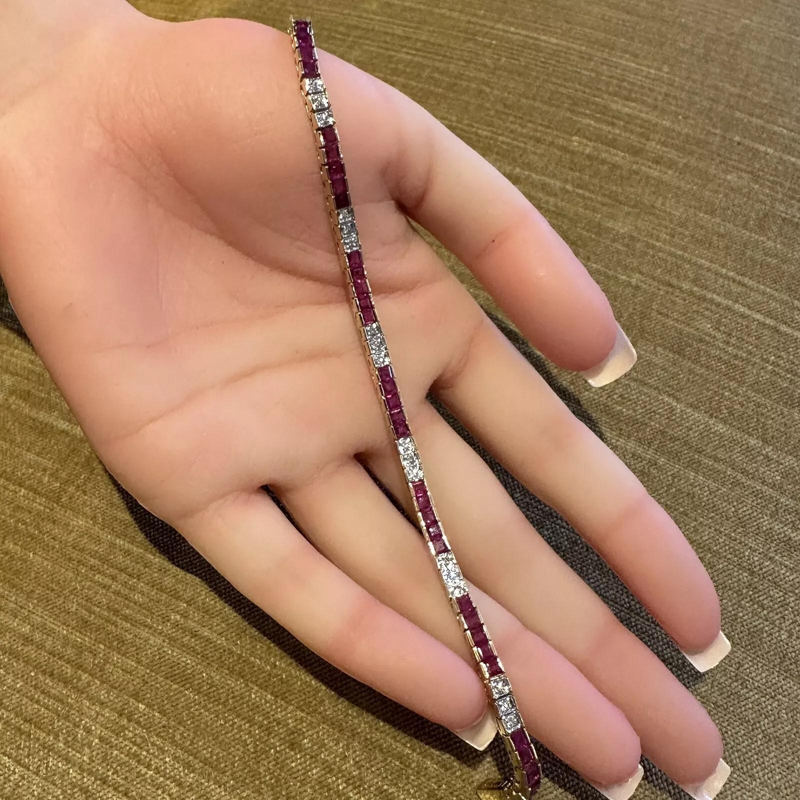 Women's Ruby and Diamond Vintage Line Tennis Bracelet in 18k Yellow Gold and White Gold For Sale