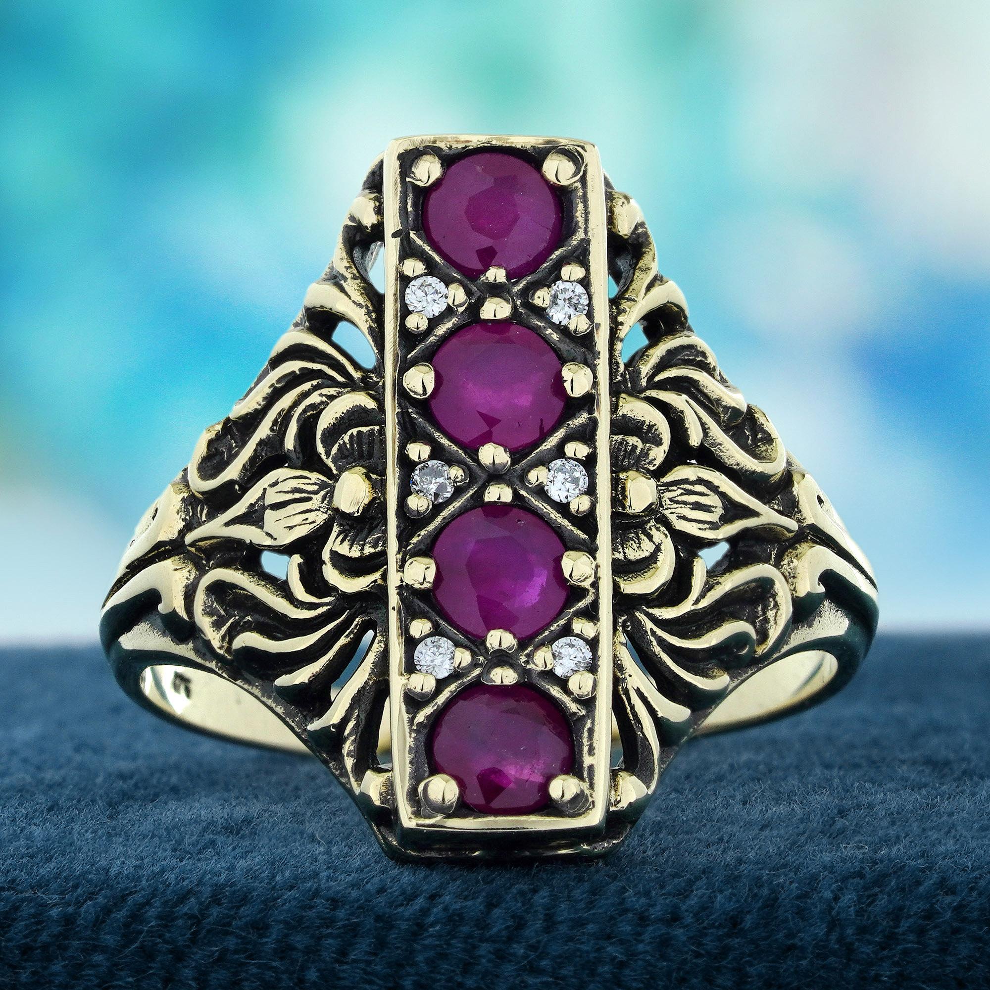 Four stunning rubies at its center, radiating a deep, rich red hue. The intricate filigree band adds a touch of vintage charm, with delicate swirls and detailing that highlight the beauty of the gemstone. Sparkling diamonds complement the ruby,
