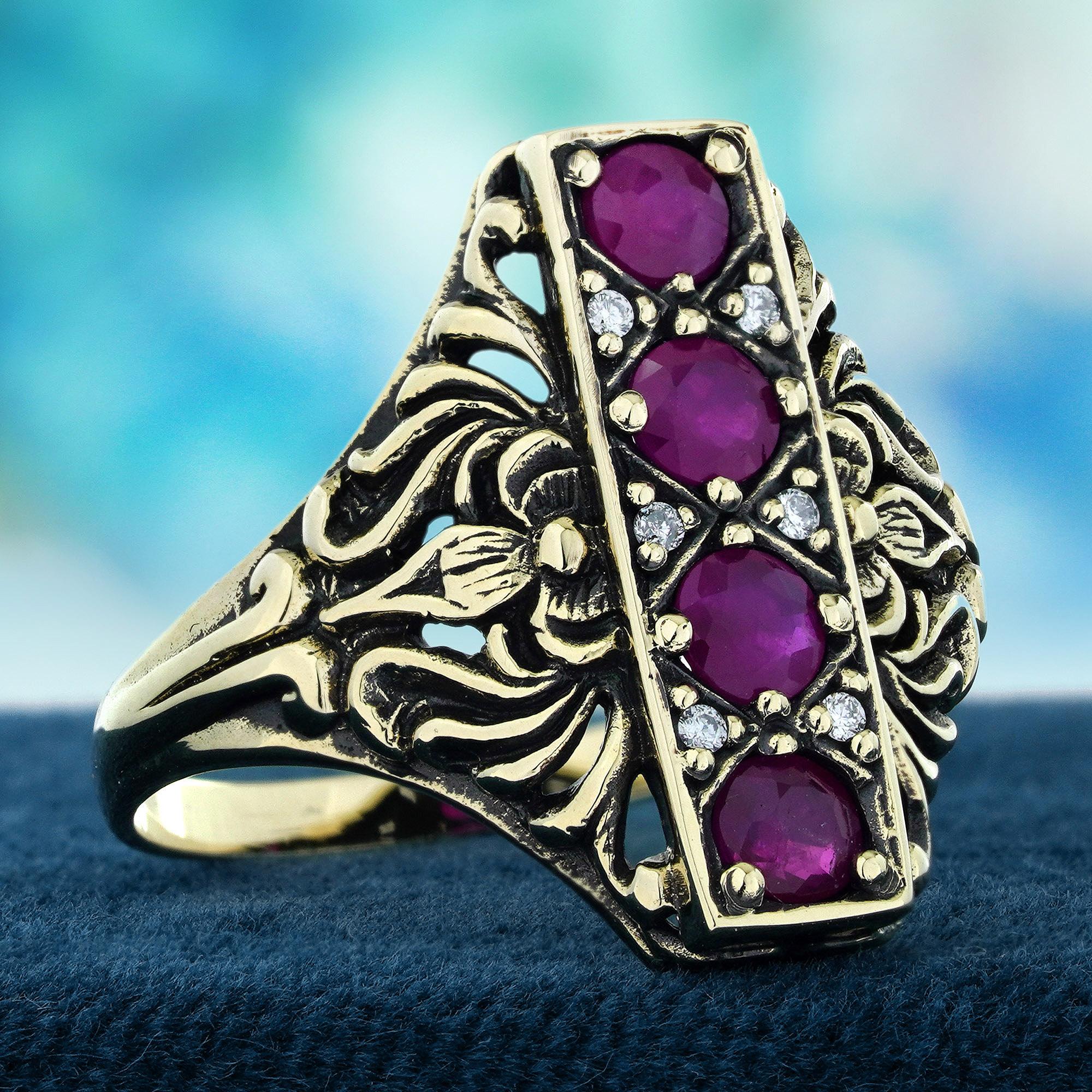 Edwardian Ruby and Diamond Vintage Style Filigree Cocktail Ring in Solid 9K Yellow Gold For Sale