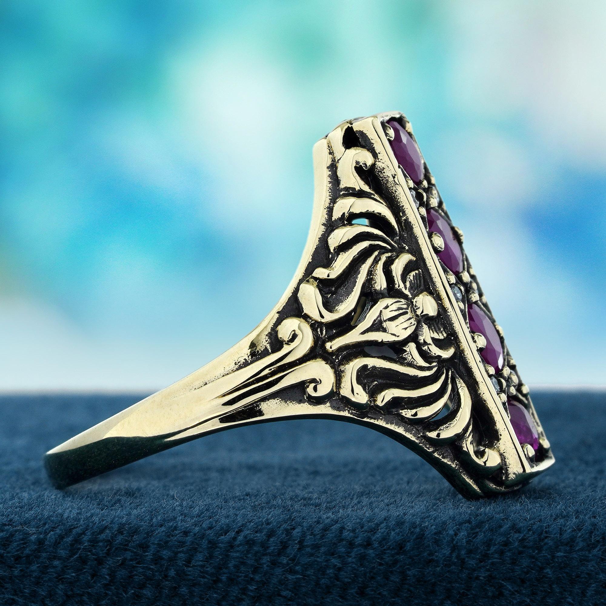 Round Cut Ruby and Diamond Vintage Style Filigree Cocktail Ring in Solid 9K Yellow Gold For Sale