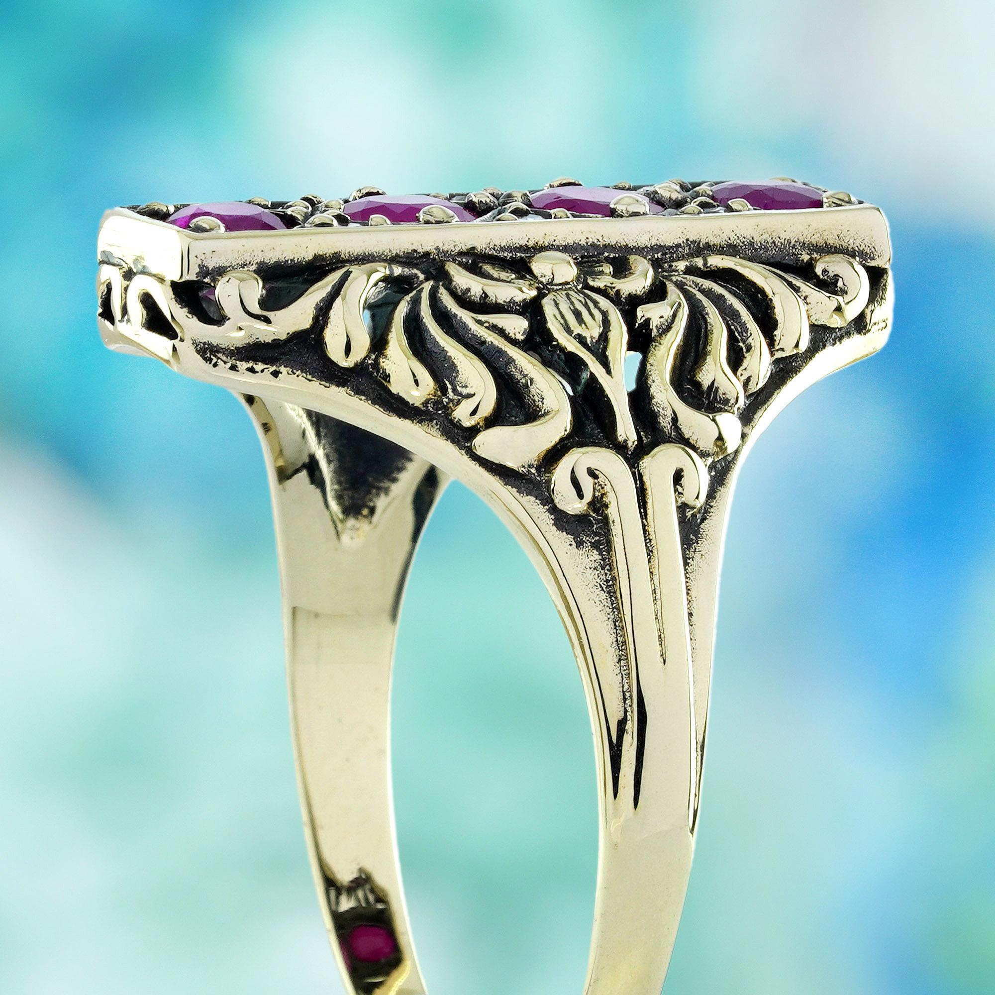 Women's Ruby and Diamond Vintage Style Filigree Cocktail Ring in Solid 9K Yellow Gold For Sale