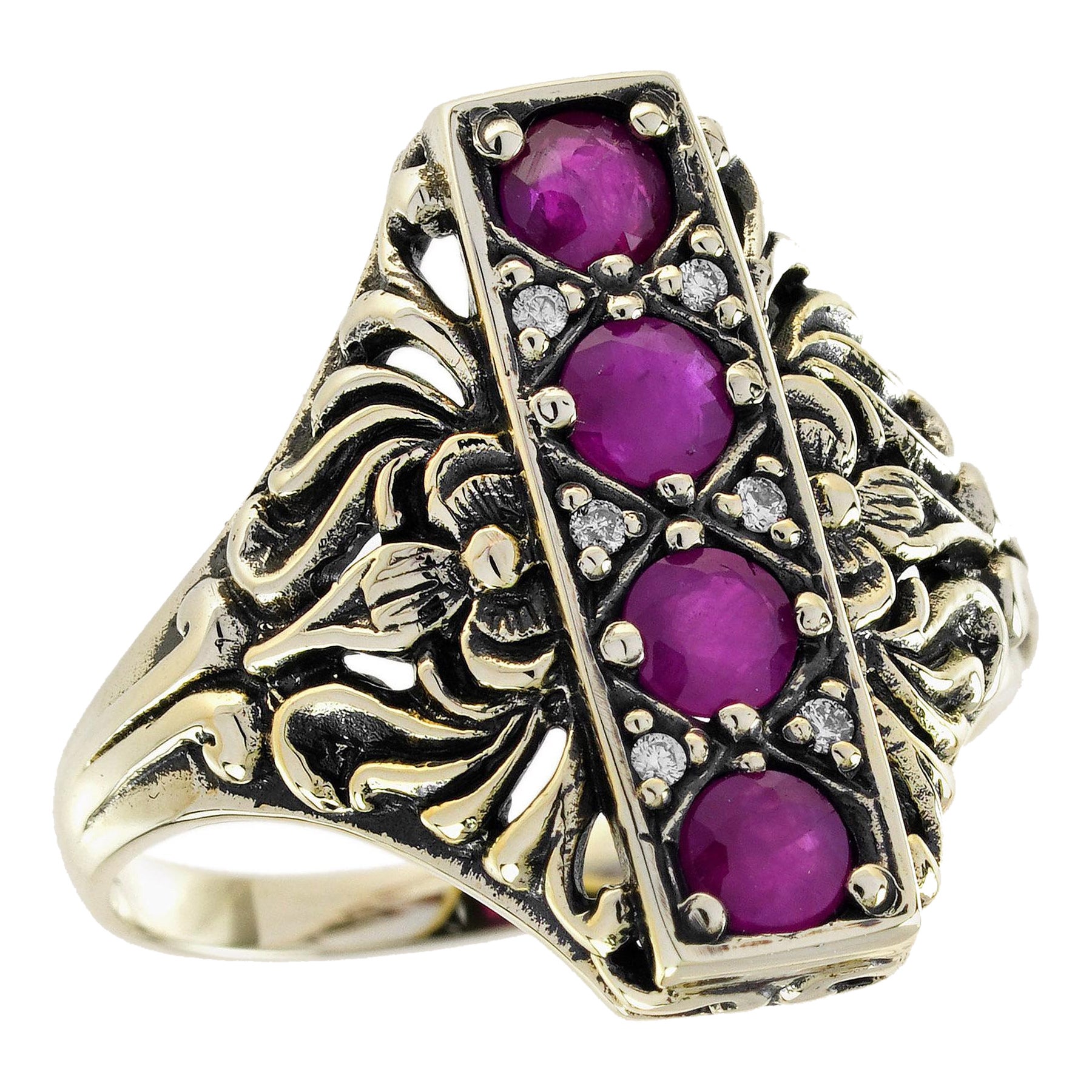 Ruby and Diamond Vintage Style Filigree Cocktail Ring in Solid 9K Yellow Gold For Sale