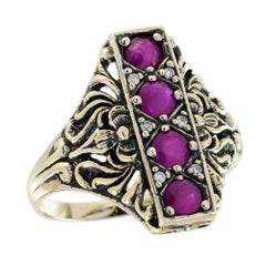 Ruby and Diamond Vintage Style Filigree Cocktail Ring in Solid 9K Yellow Gold