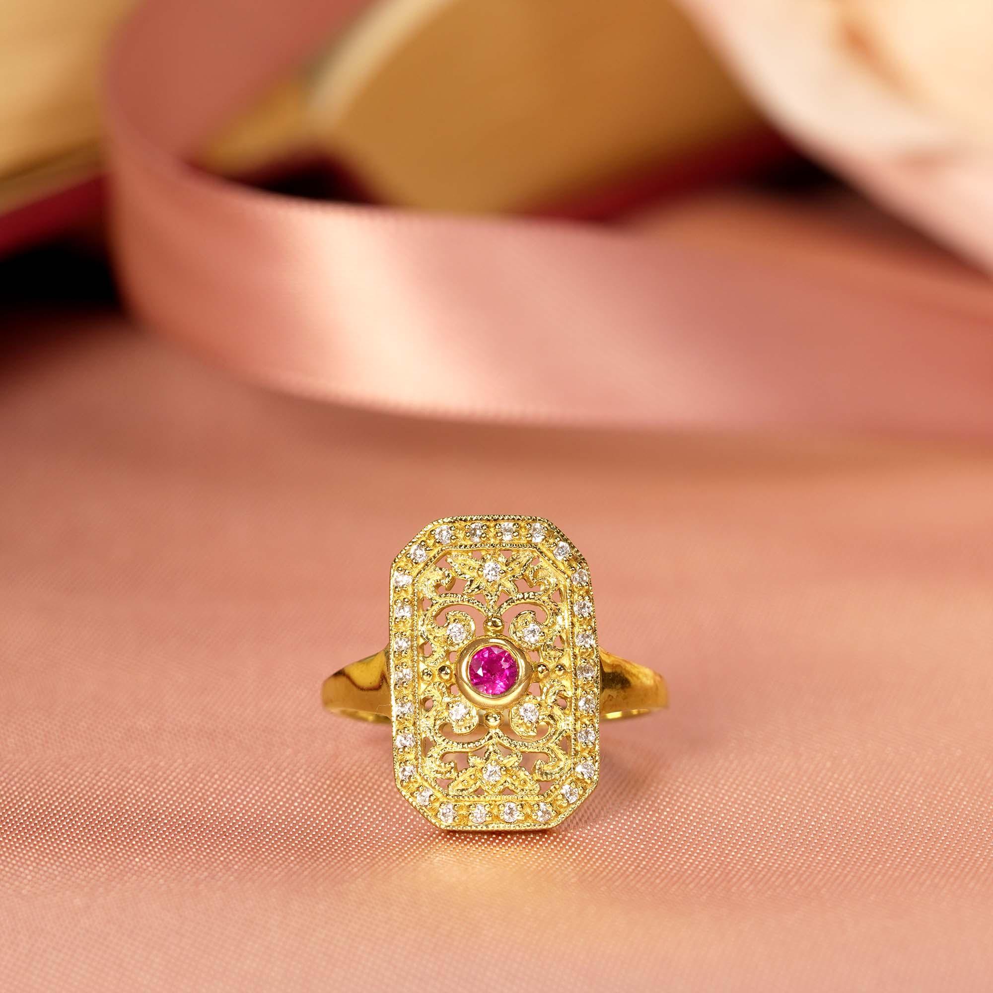 Filigraner Ring im Vintage-Stil mit Rubin und Diamant aus massivem 9K Gelbgold 3