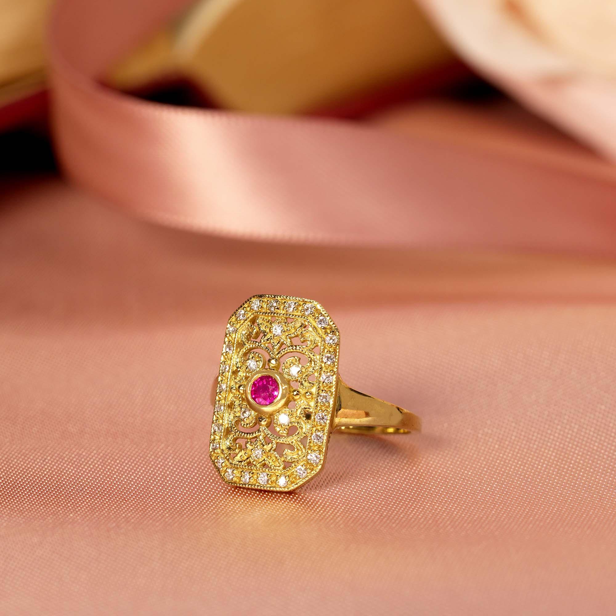 Filigraner Ring im Vintage-Stil mit Rubin und Diamant aus massivem 9K Gelbgold 4