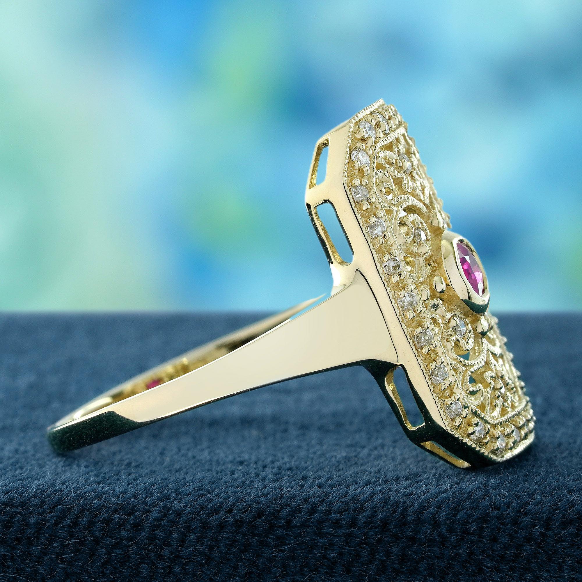 Filigraner Ring im Vintage-Stil mit Rubin und Diamant aus massivem 9K Gelbgold (Rundschliff)
