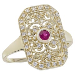 Anello con rubino e diamante in stile filigrana d'epoca in oro giallo massiccio 9 carati