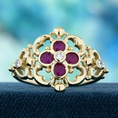 Ruby and Diamond Vintage Style Floral Filigree Ring in Solid 14K Yellow Gold