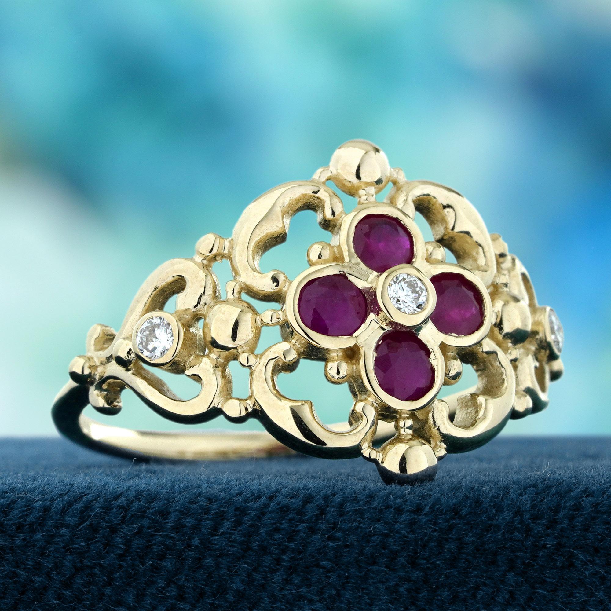 Edwardian Ruby and Diamond Vintage Style Floral Filigree Ring in Solid 14K Yellow Gold For Sale