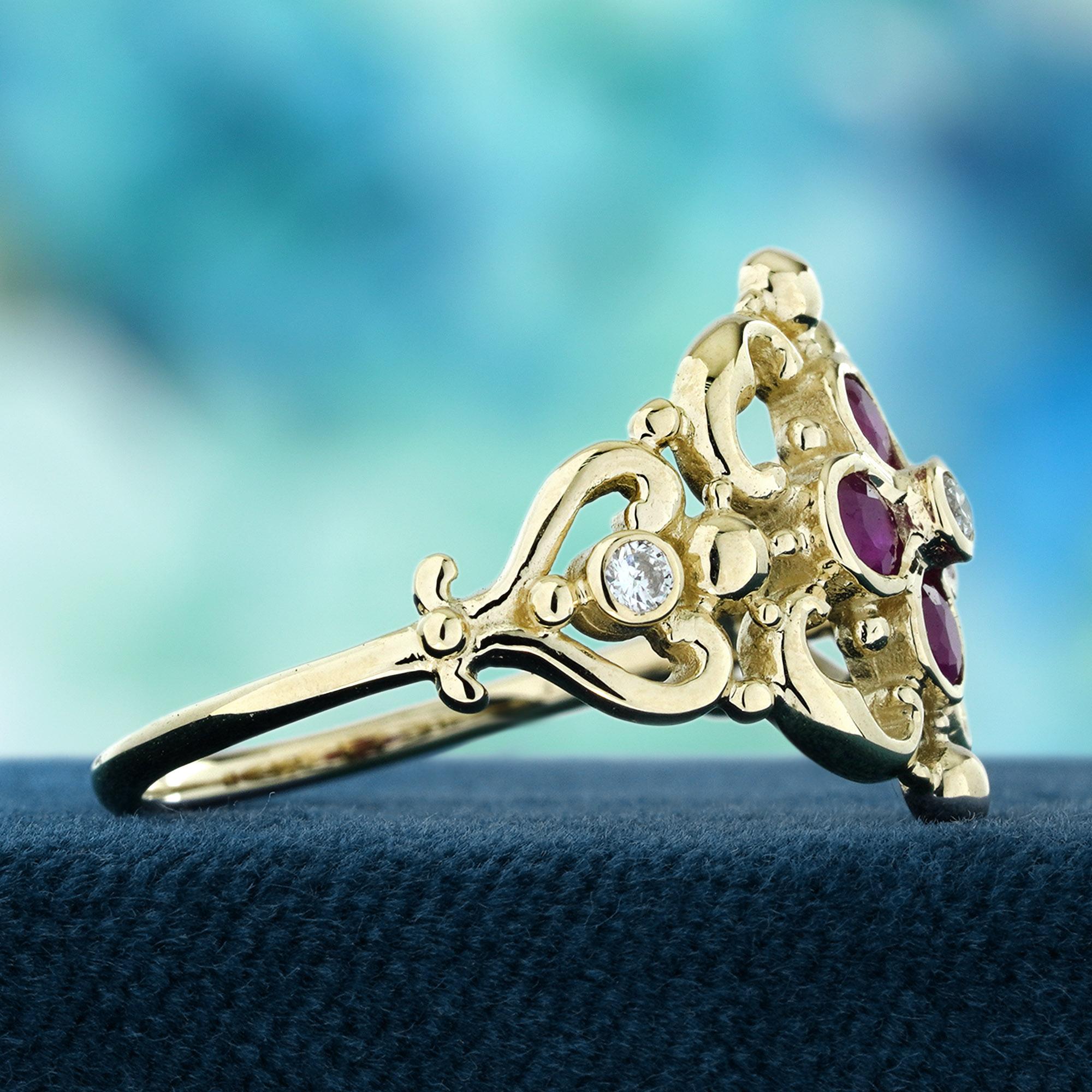 Round Cut Ruby and Diamond Vintage Style Floral Filigree Ring in Solid 14K Yellow Gold For Sale