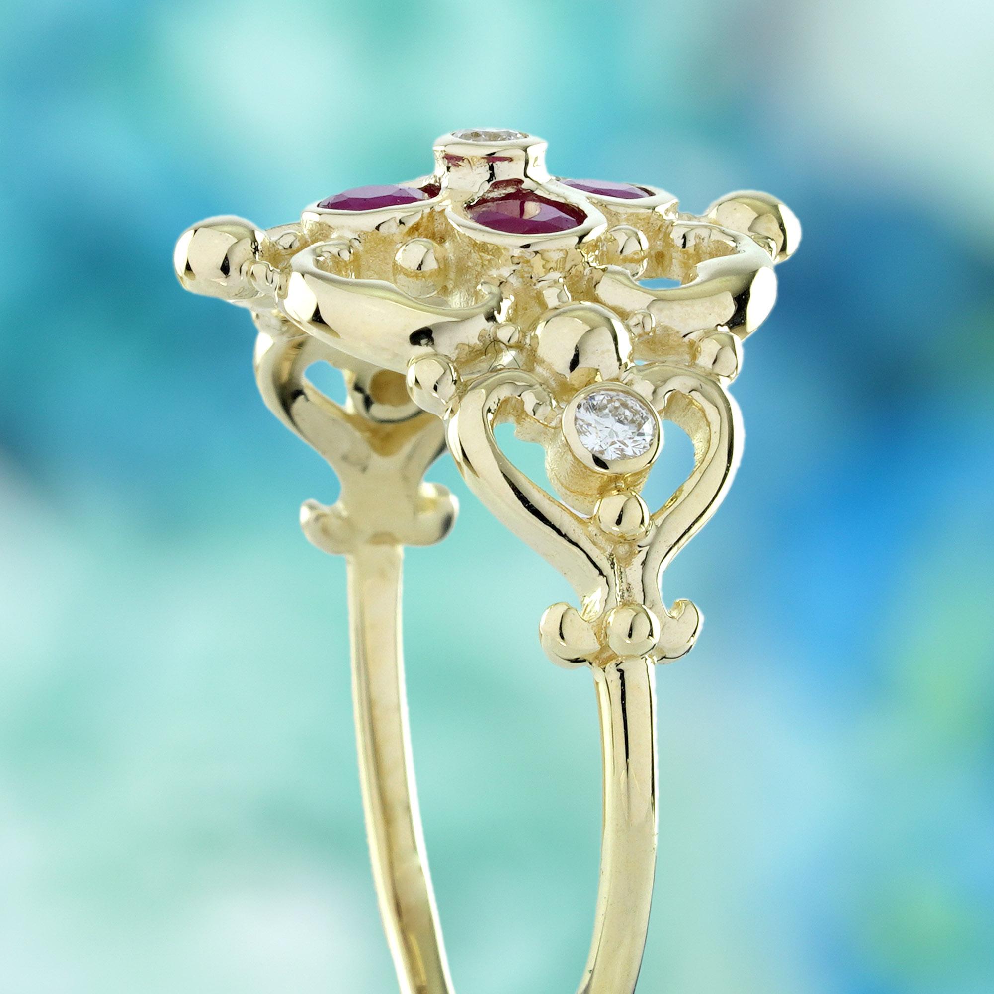 Women's Ruby and Diamond Vintage Style Floral Filigree Ring in Solid 14K Yellow Gold For Sale