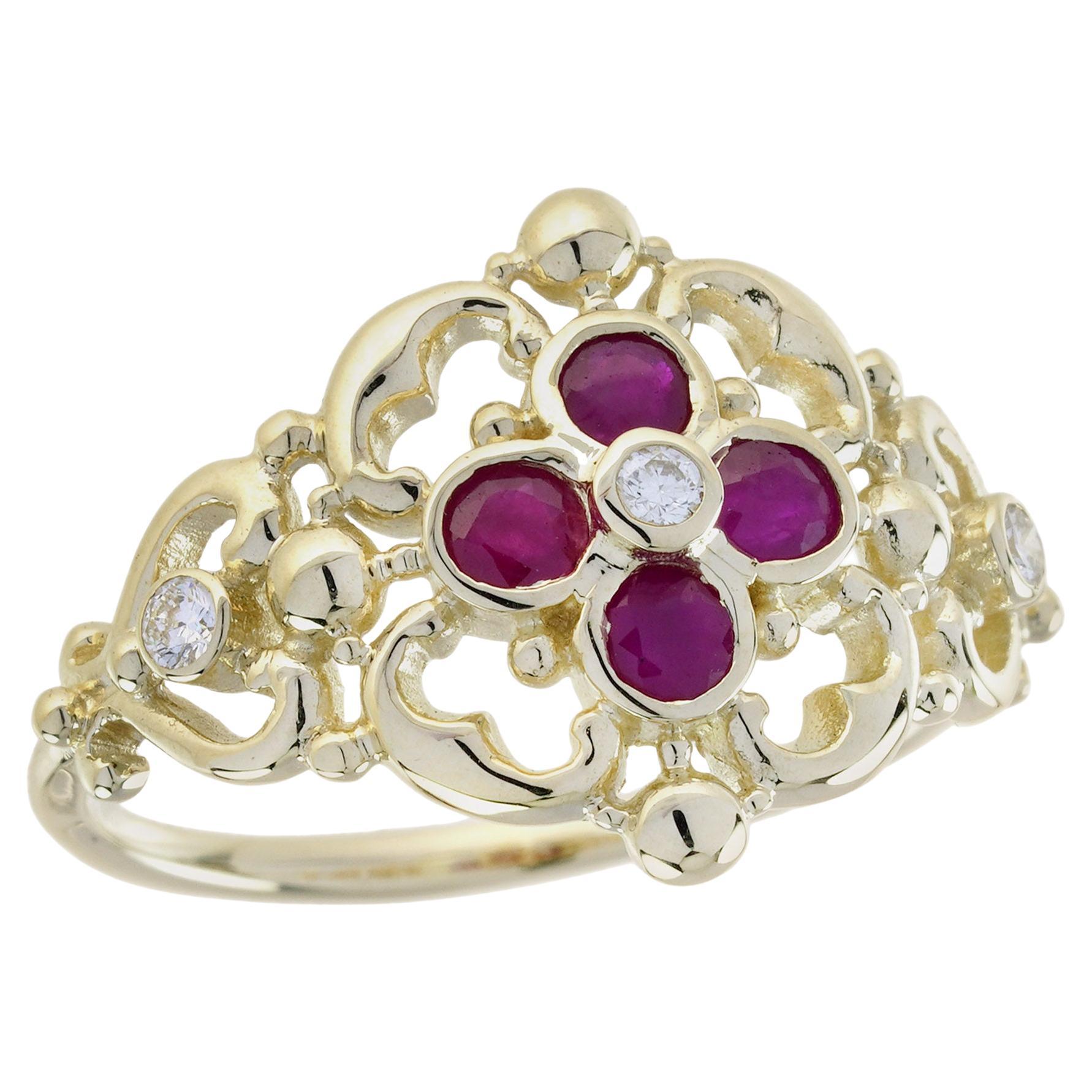 Ruby Diamond Halo Flower Ring in 14K Yellow Gold For Sale