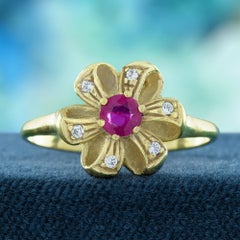Rubino e diamante in stile vintage floreale  Anello in oro giallo massiccio 14K