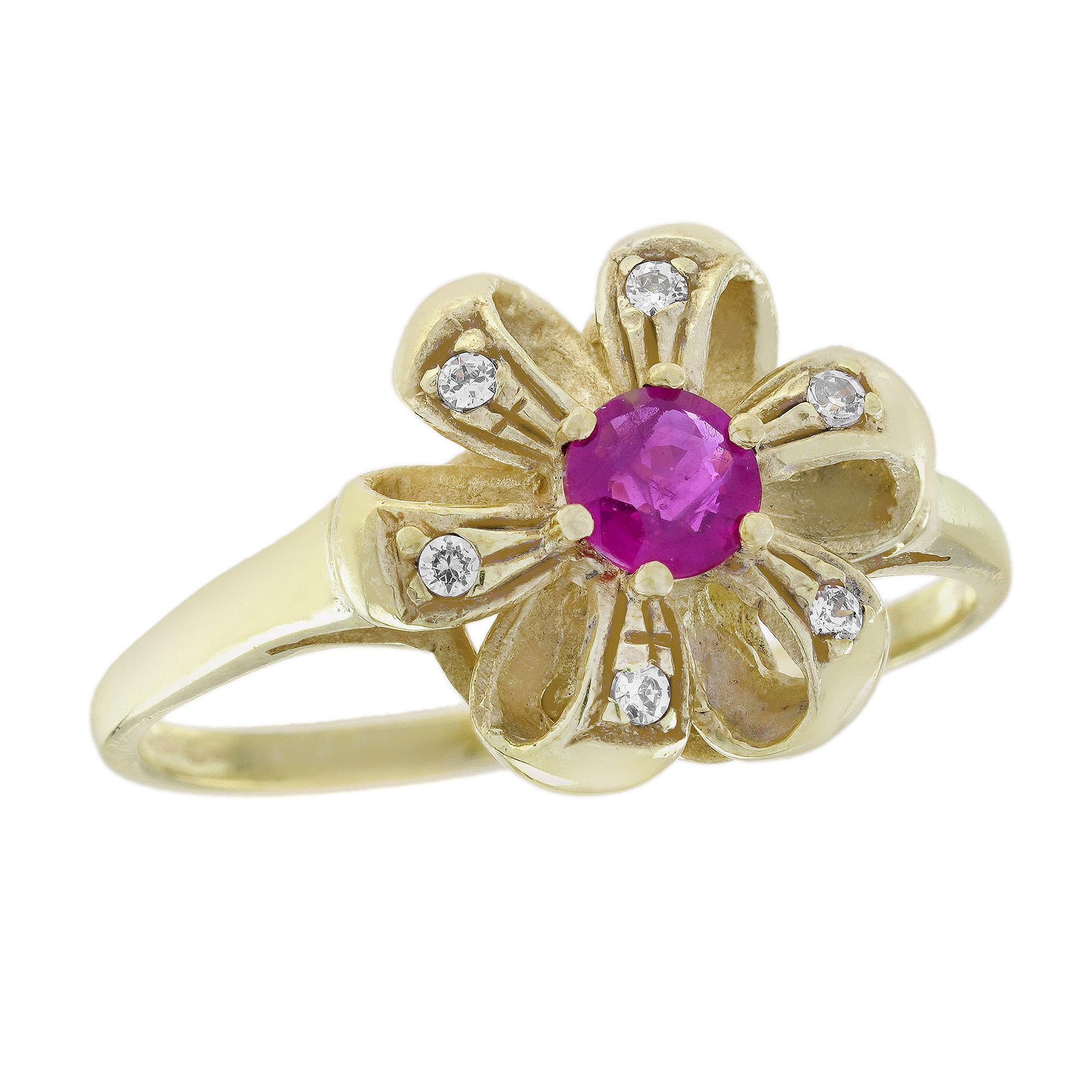 Rubis et diamant style vintage floral  Bague en or jaune 14K massif