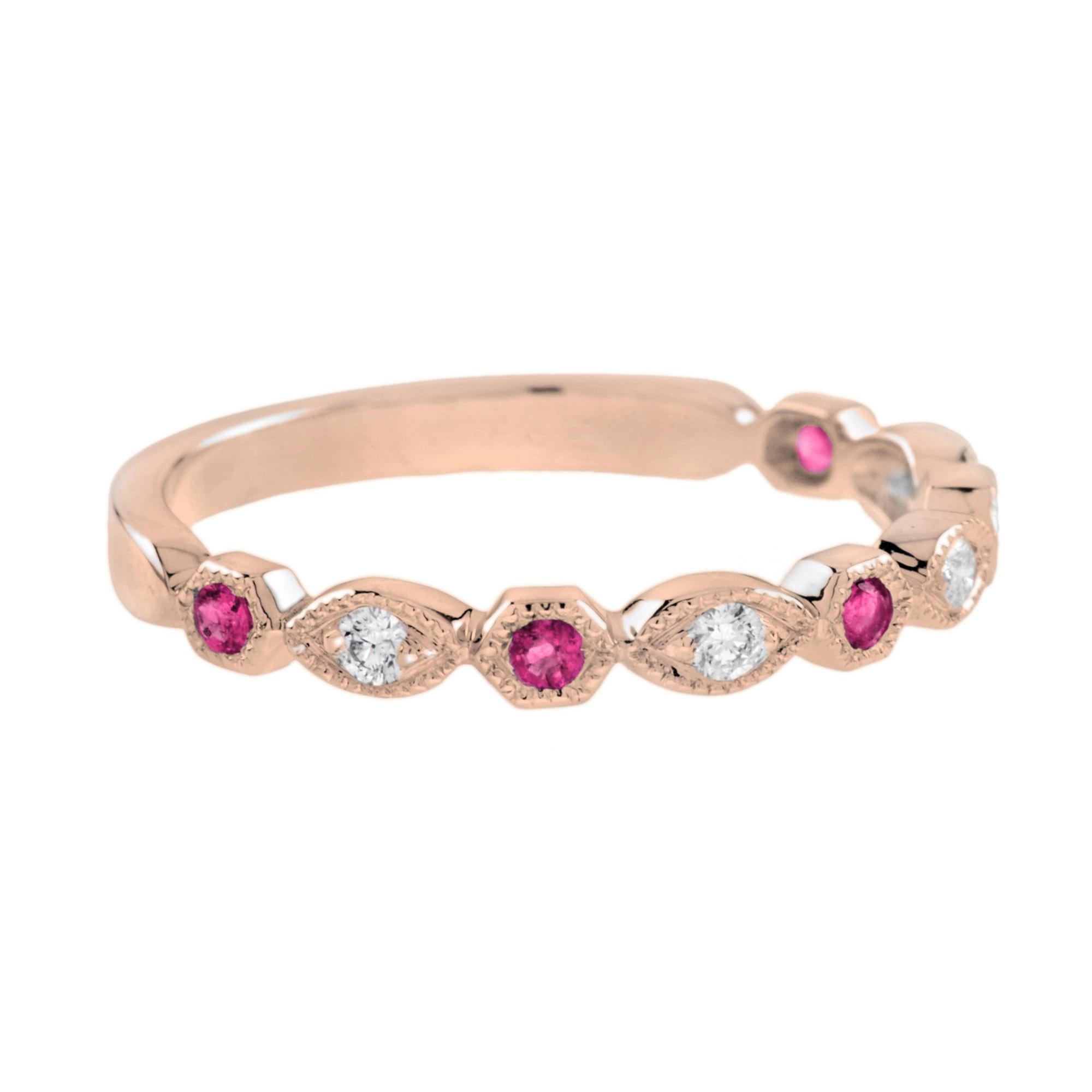 For Sale:  Ruby and Diamond Vintage Style Half Eternity Band Ring in 14K Rose Gold 2