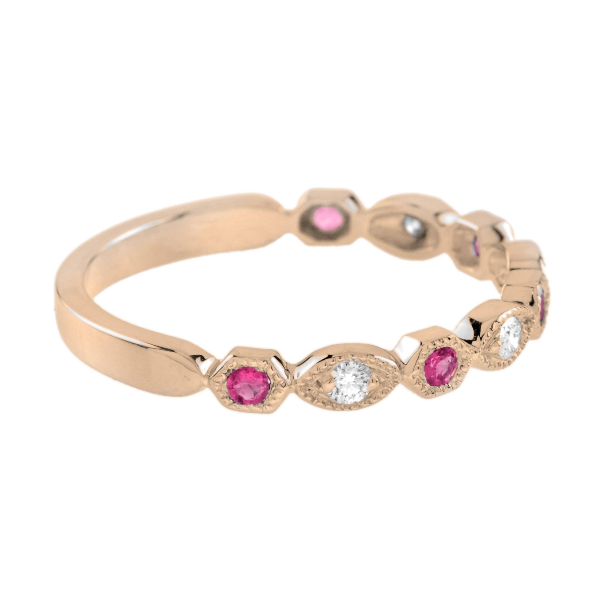 For Sale:  Ruby and Diamond Vintage Style Half Eternity Band Ring in 14K Rose Gold 3