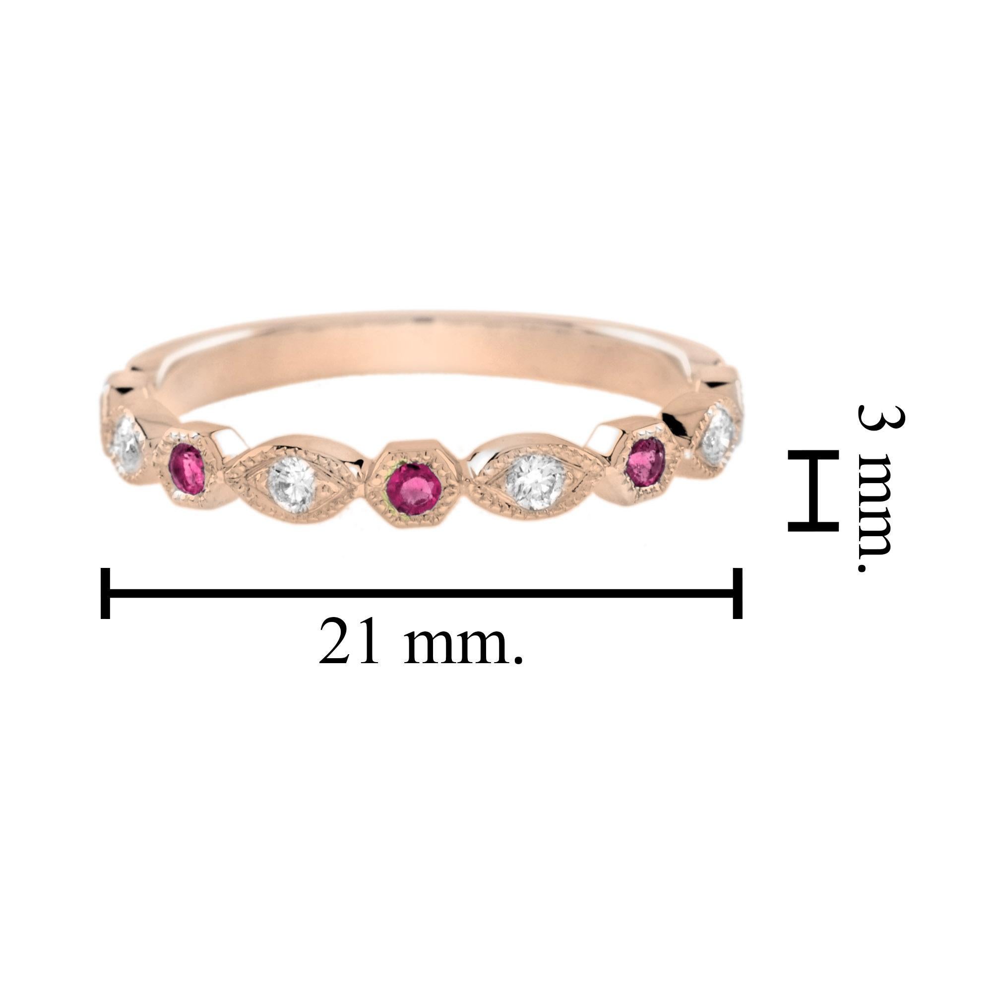 For Sale:  Ruby and Diamond Vintage Style Half Eternity Band Ring in 14K Rose Gold 6