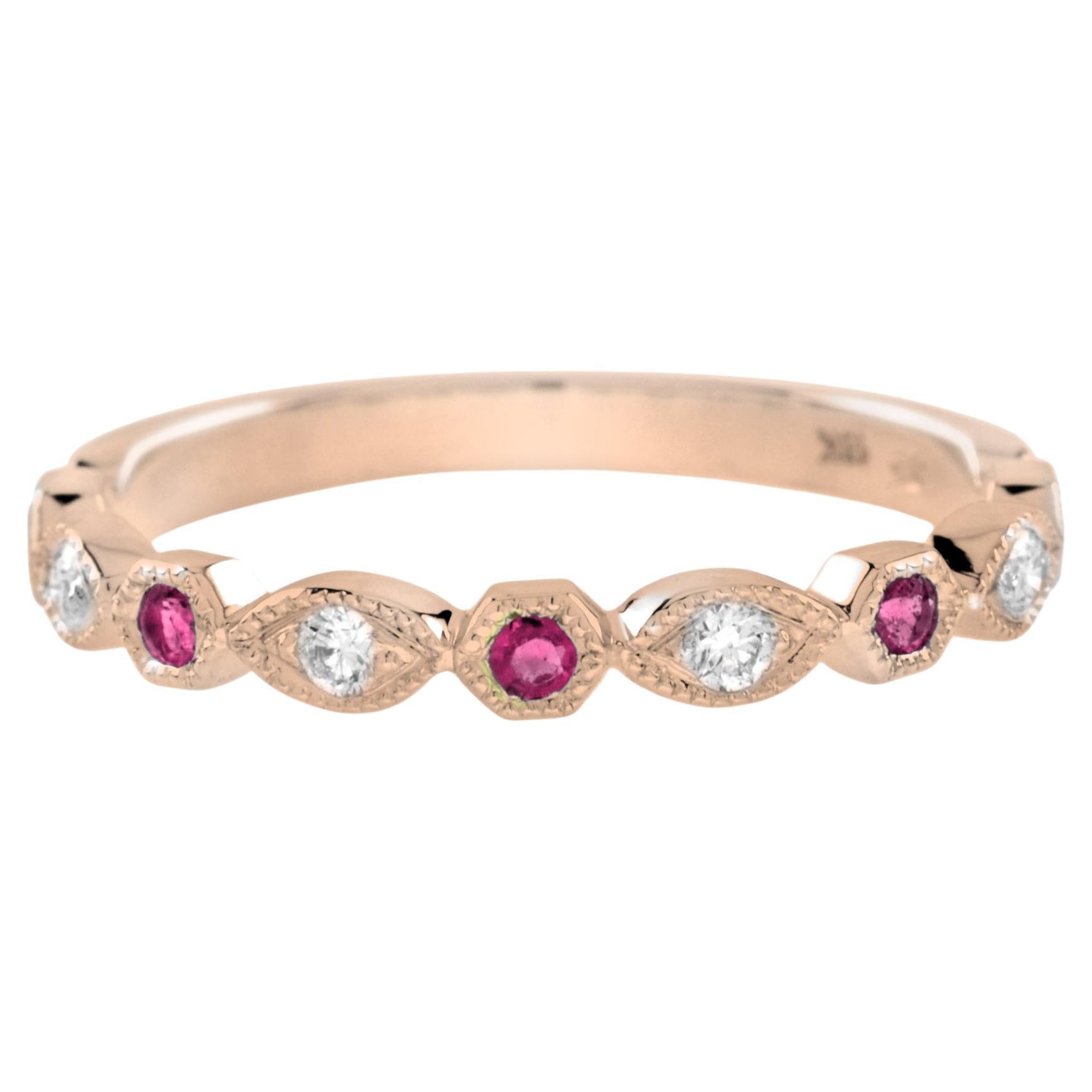 For Sale:  Ruby and Diamond Vintage Style Half Eternity Band Ring in 14K Rose Gold